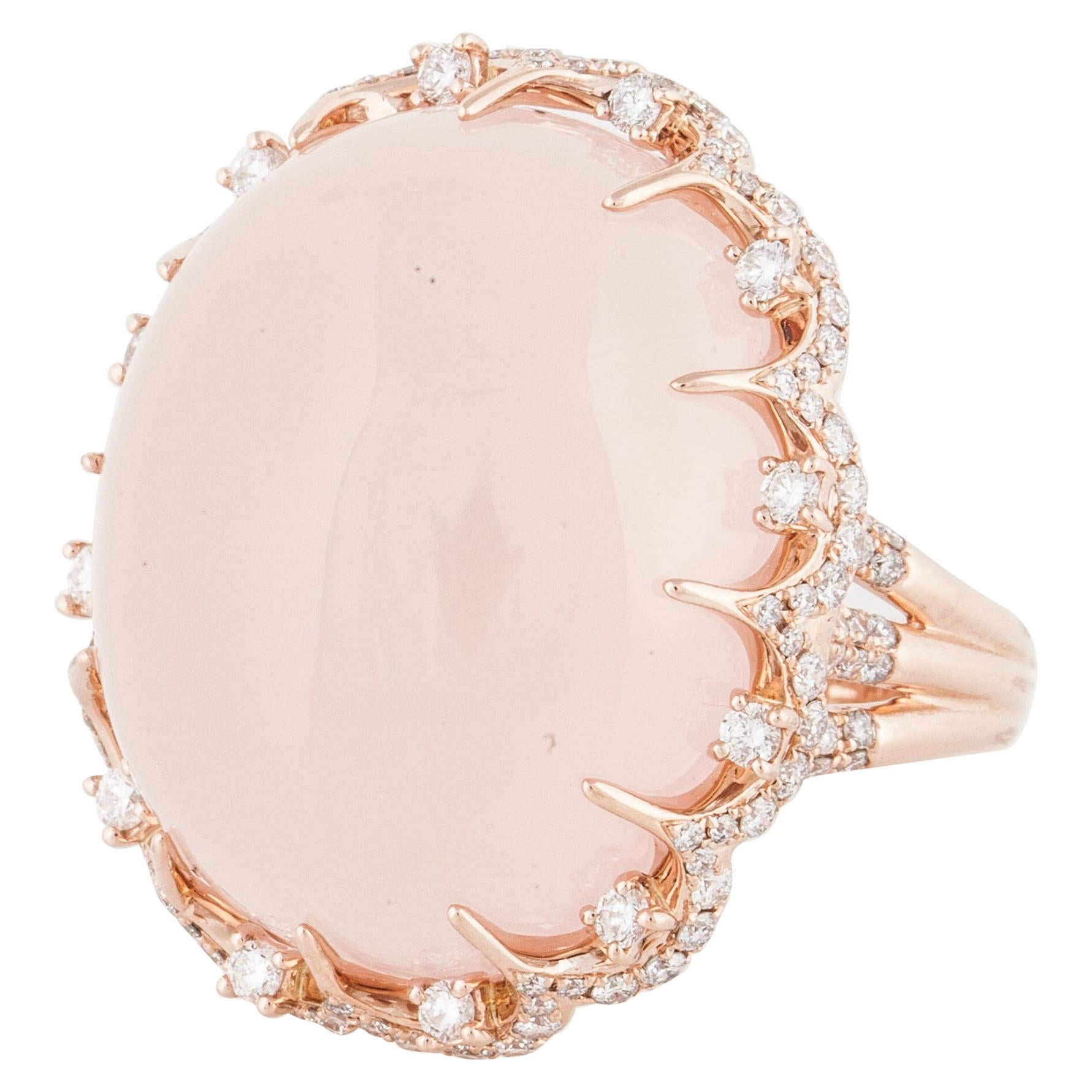 Cabochon Rose Quartz and Diamond Ring in 14K Rose Gold For Sale