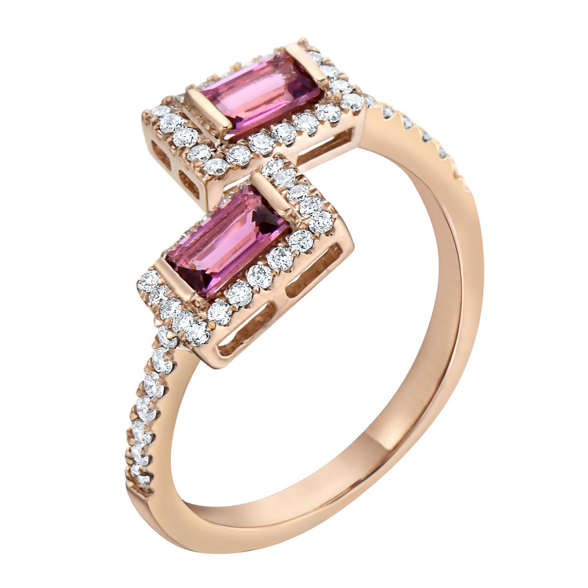 With this exquisite semi-precious rose gold pink tourmaline diamond ring, style and glamour are in the spotlight. This 14-karat ring is made from 2.6 grams of gold and two pink tourmalines totaling 0.54 karats. This ring is also surrounded by 54