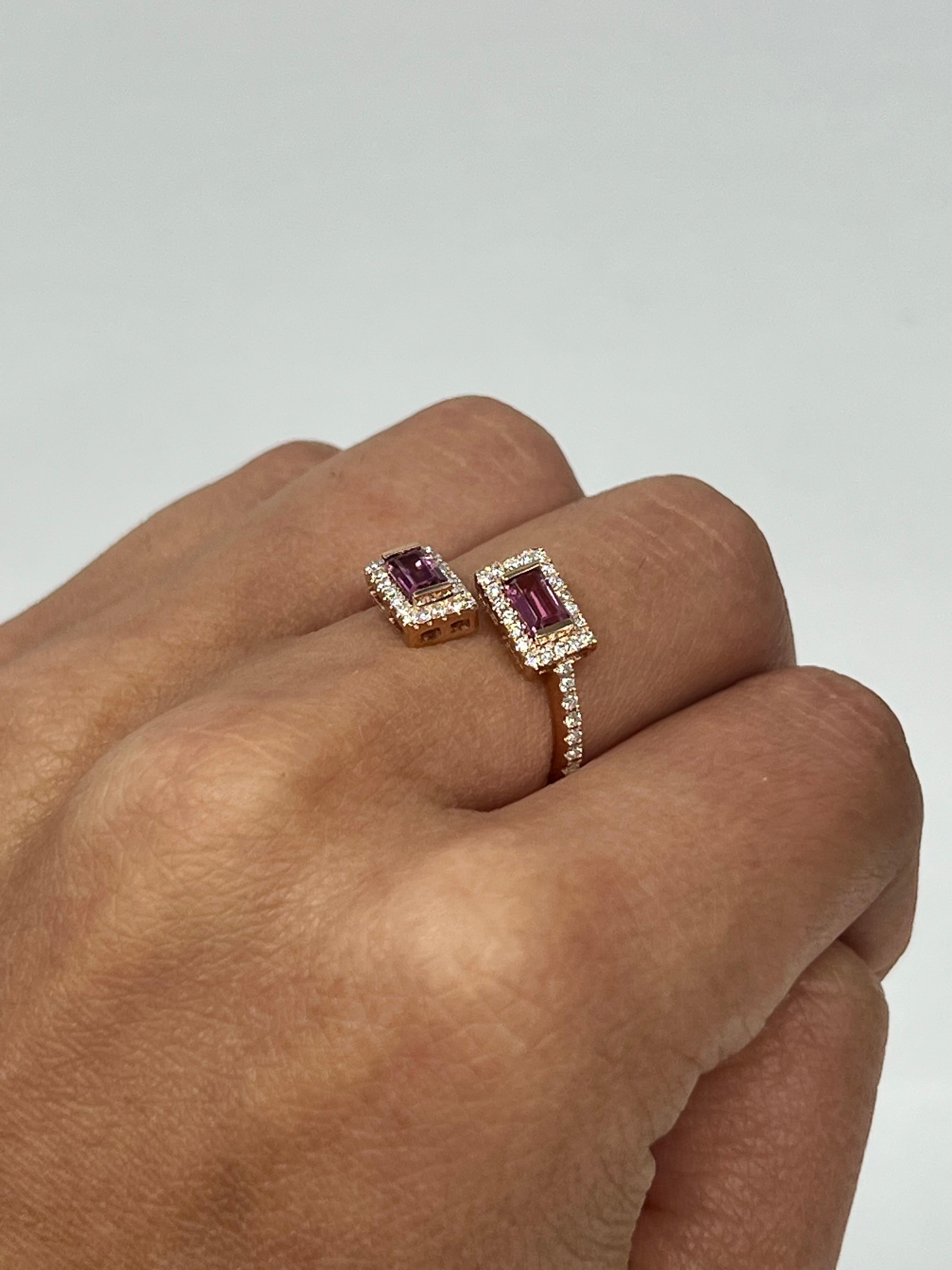 Emerald Cut Rose Gold Pink Tourmaline Diamond Ring For Sale