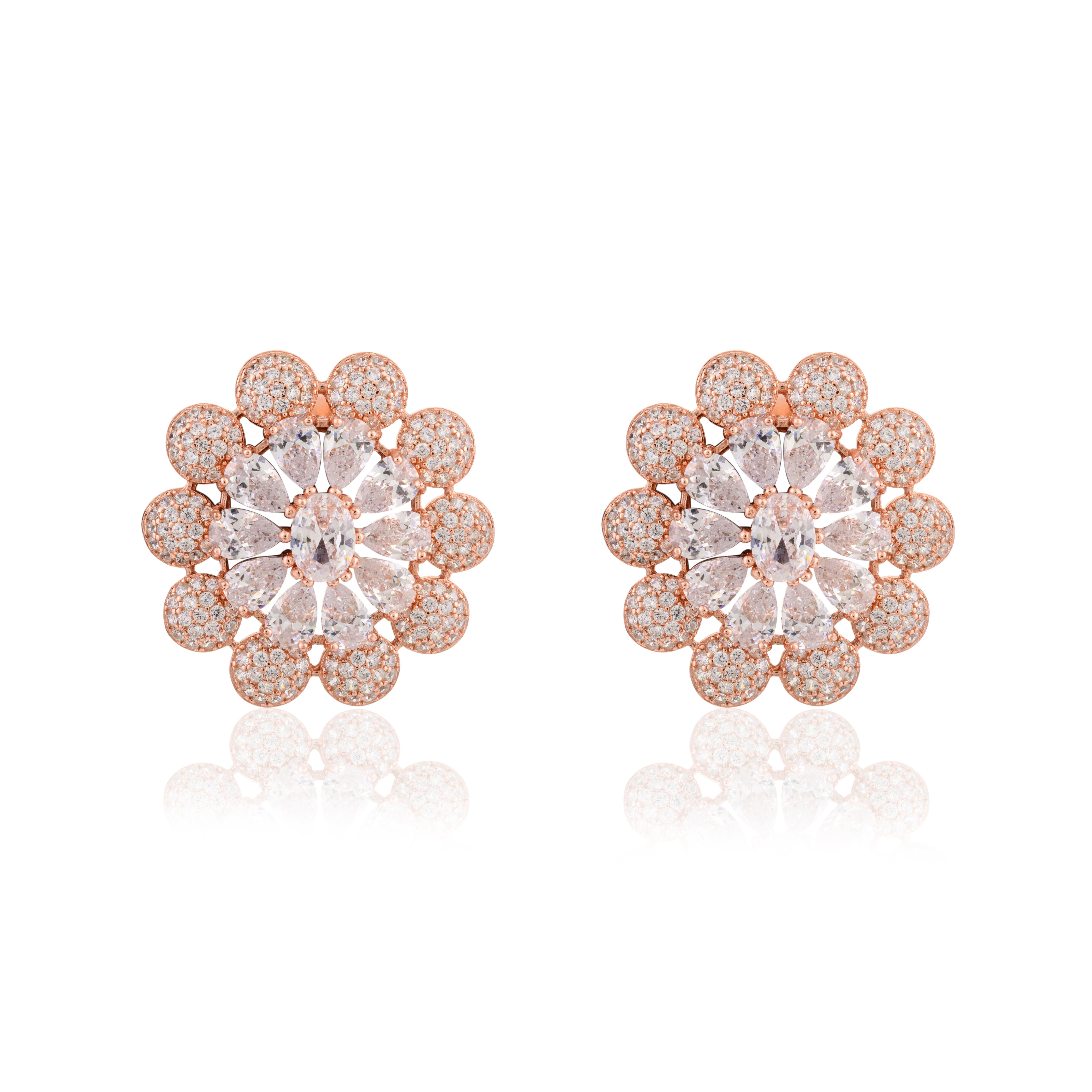 Modernist Rose Gold Plated 925 Silver Brilliant Cut Zirconia Floral Stud Earrings for Mom For Sale