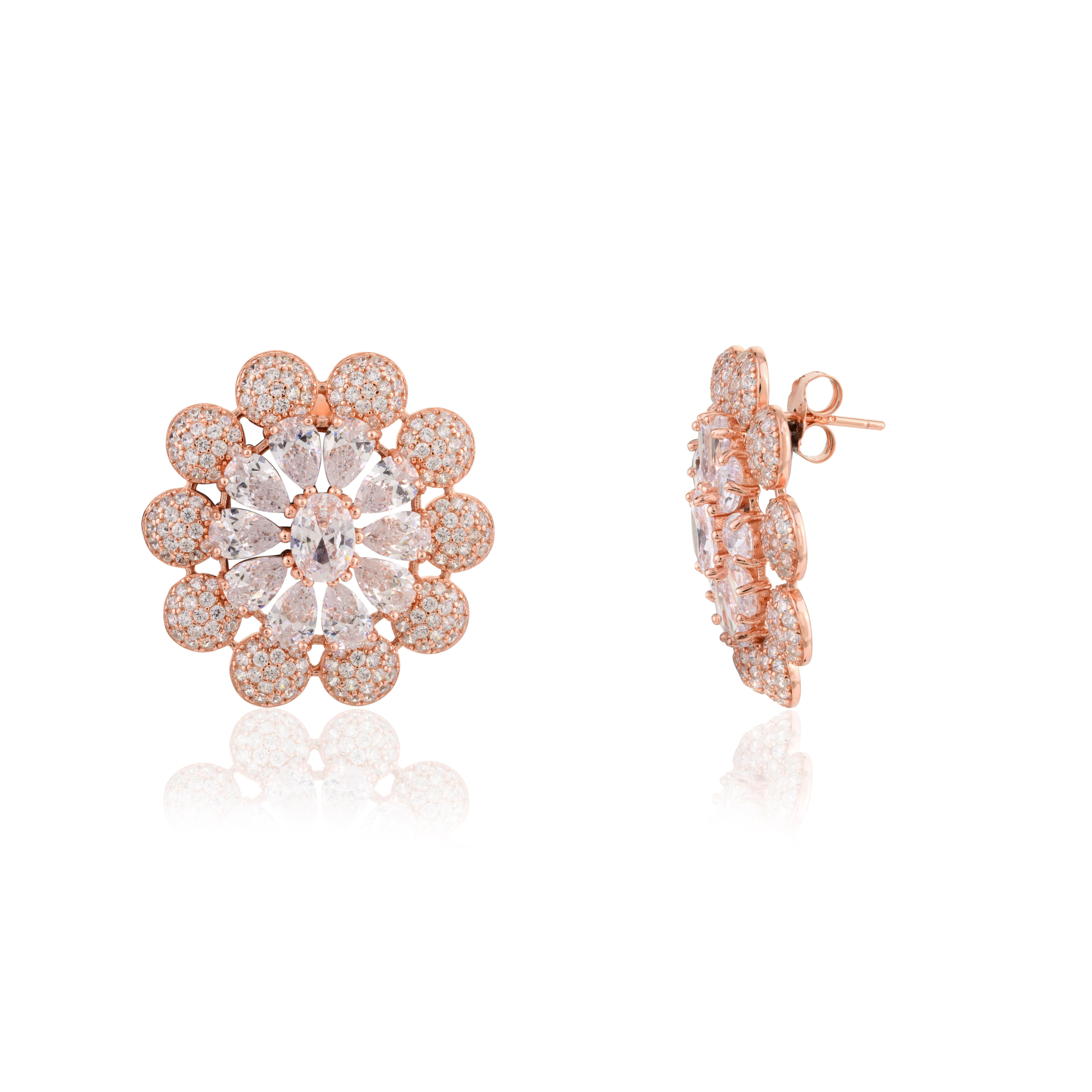 Rose Gold Plated 925 Silver Brilliant Cut Zirconia Floral Stud Earrings for Mom In New Condition For Sale In New York, NY