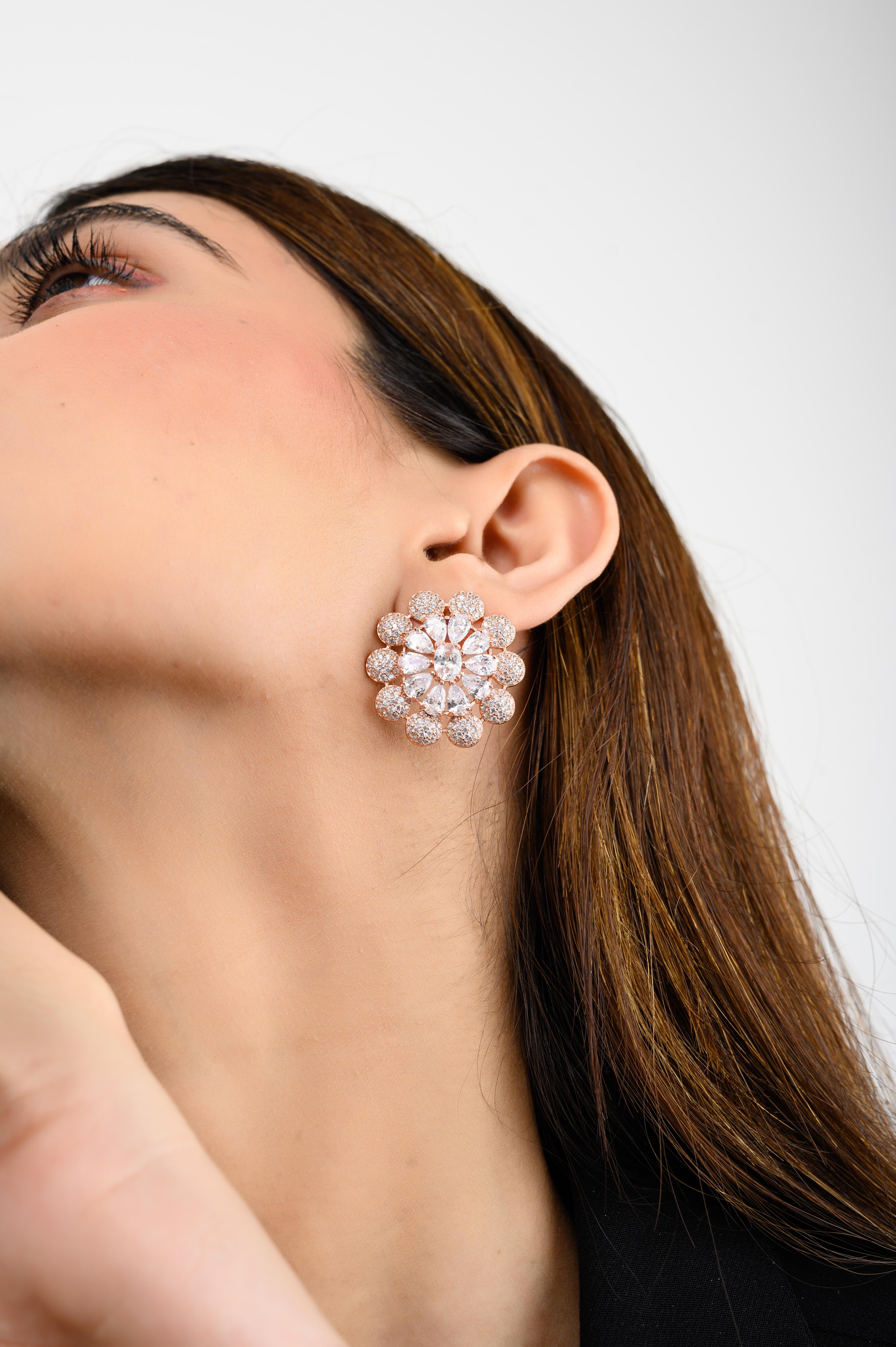 Women's Rose Gold Plated 925 Silver Brilliant Cut Zirconia Floral Stud Earrings for Mom For Sale