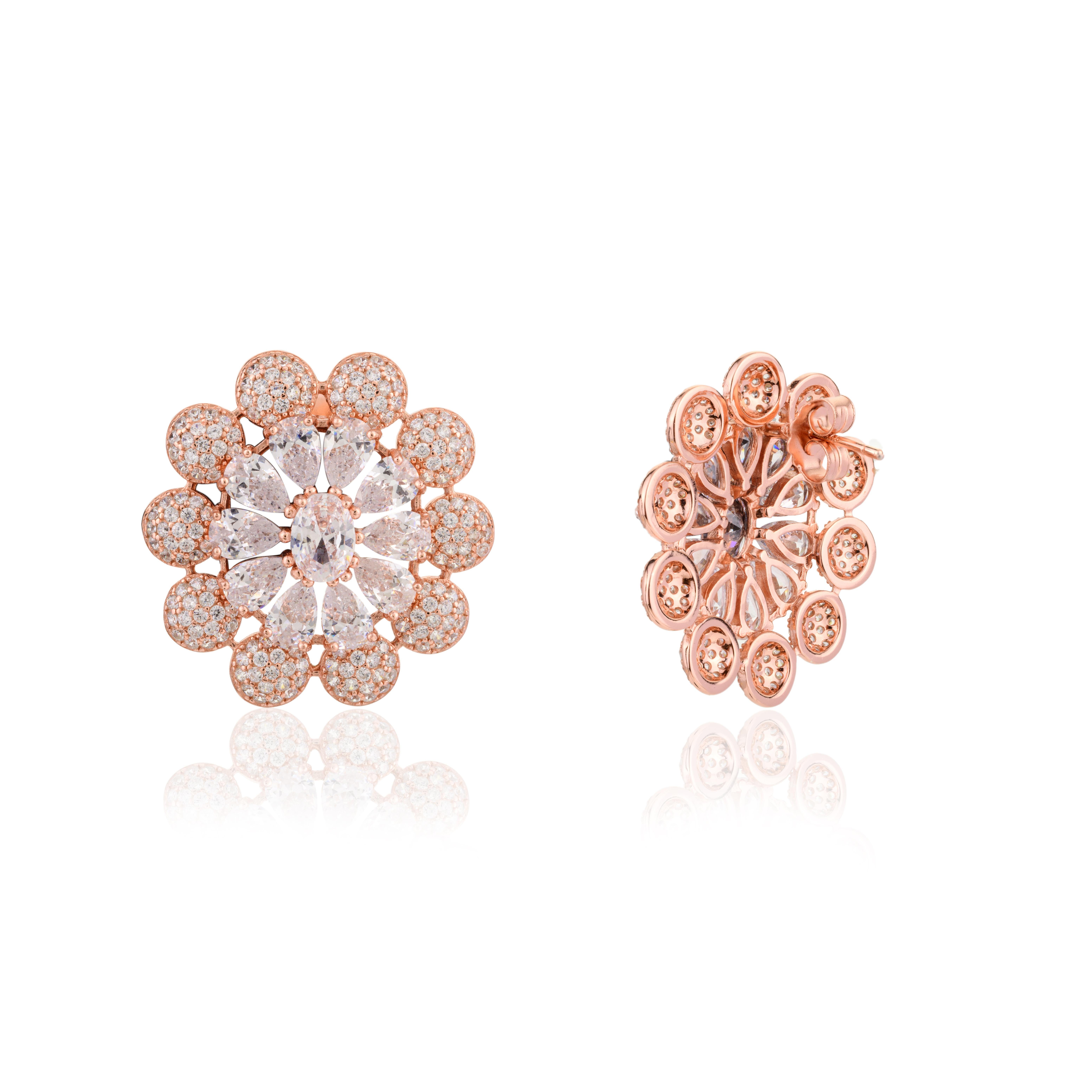 Rose Gold Plated 925 Silver Brilliant Cut Zirconia Floral Stud Earrings for Mom For Sale 1