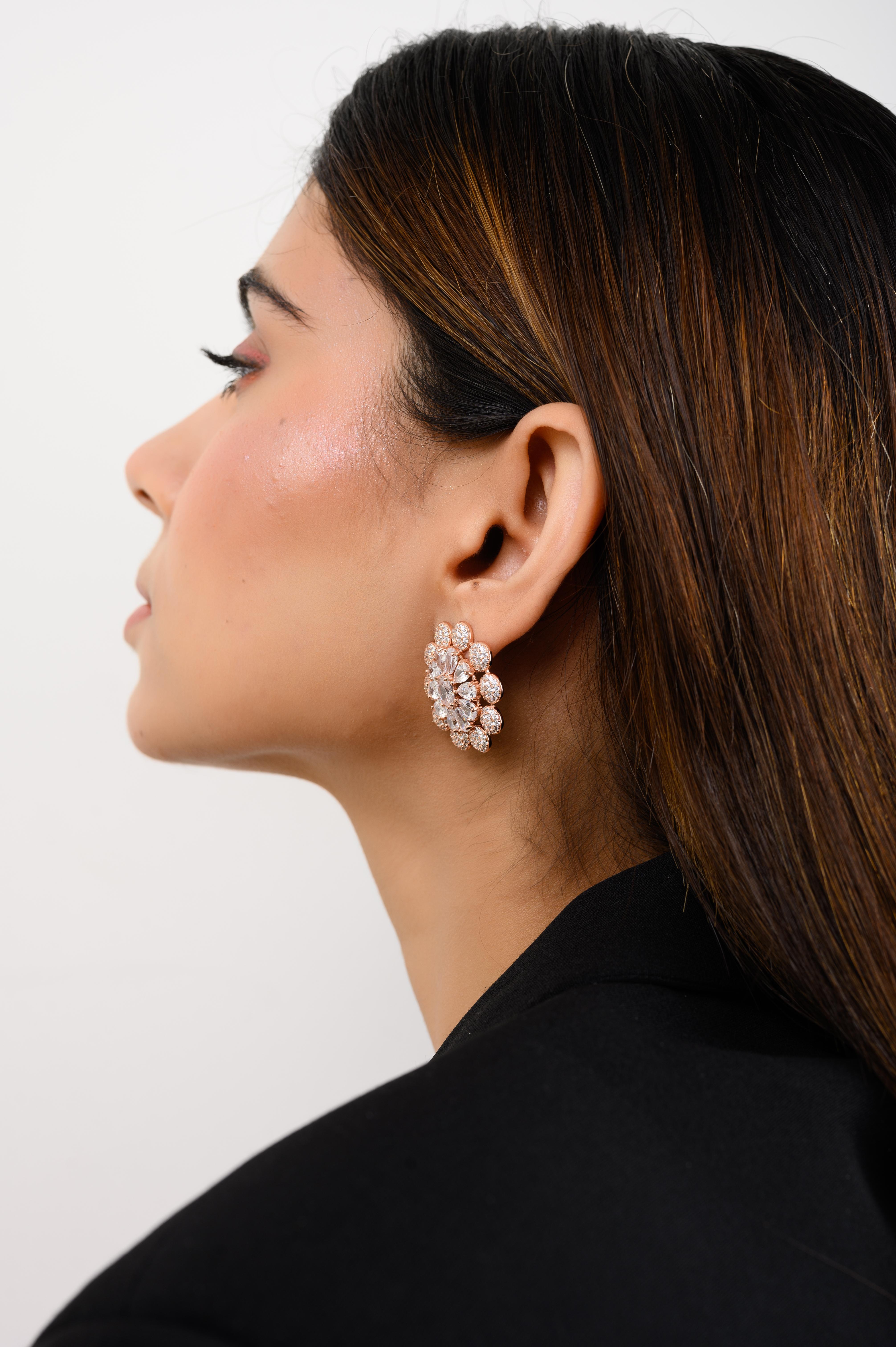 Rose Gold Plated 925 Silver Brilliant Cut Zirconia Floral Stud Earrings for Mom For Sale 2