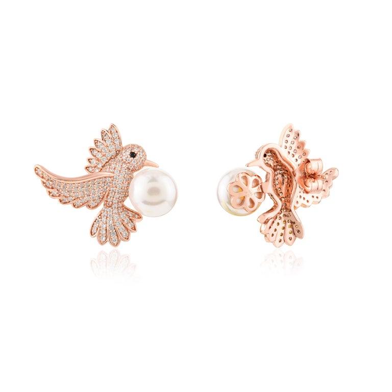 Rose Gold Plated 925 Silver Pave Zircon Hummingbird Stud Earrings with Pearl For Sale 4