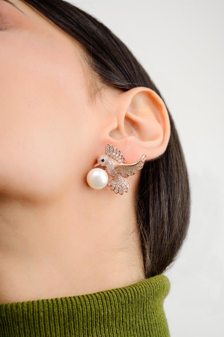 Rose Gold Plated 925 Silver Pave Zircon Hummingbird Stud Earrings with Pearl For Sale 2