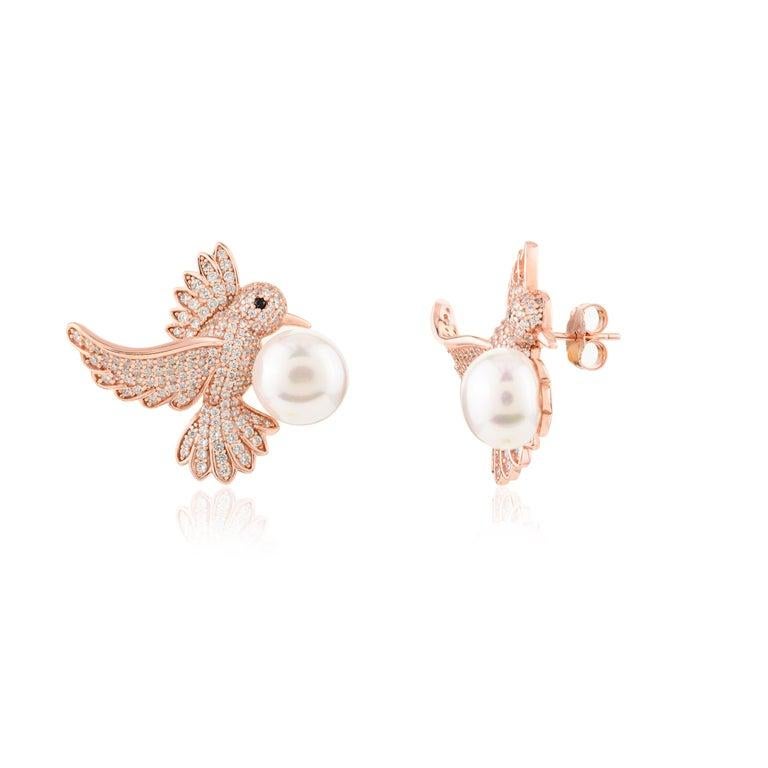 Rose Gold Plated 925 Silver Pave Zircon Hummingbird Stud Earrings with Pearl For Sale 3