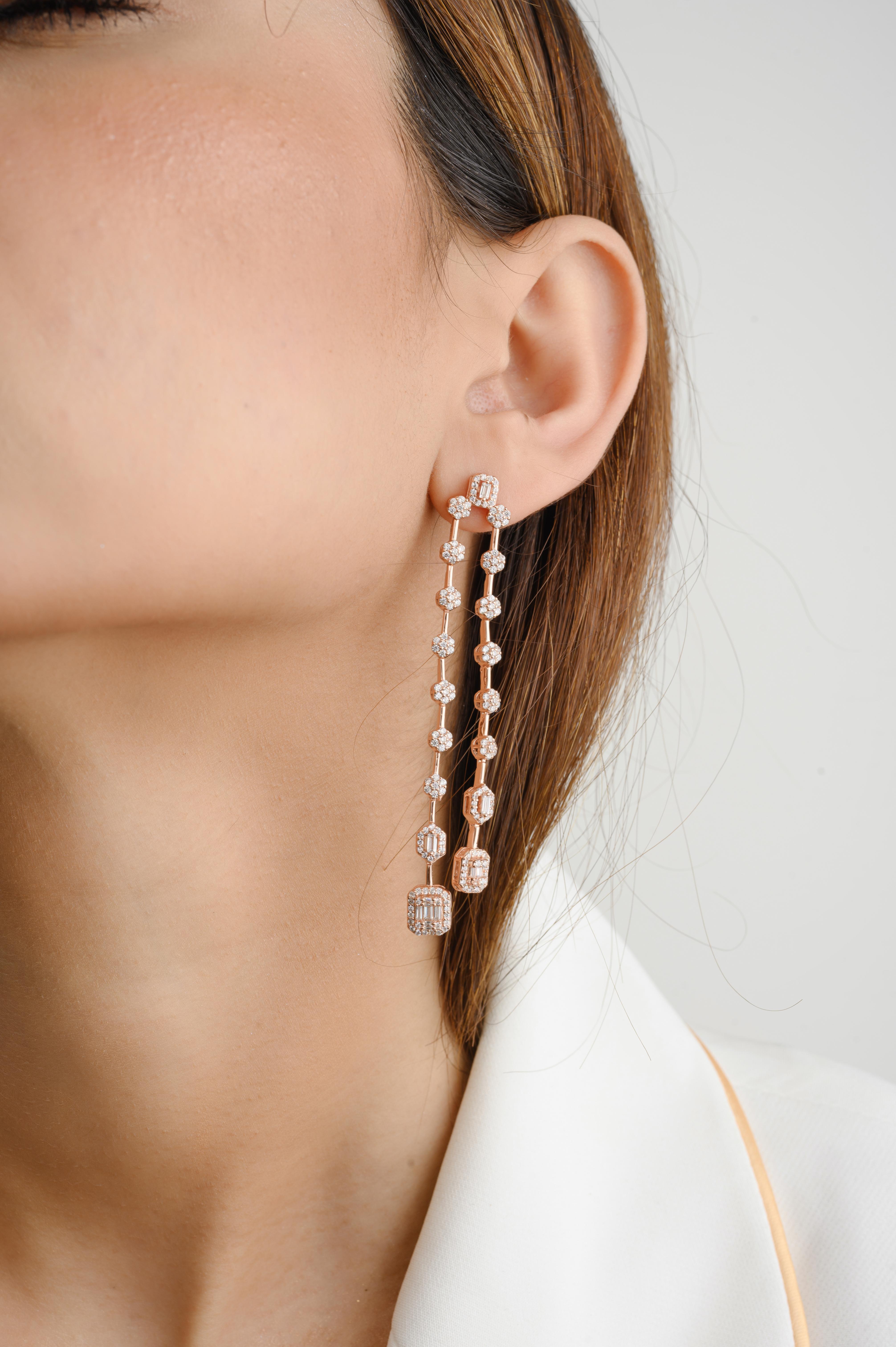 Rose Gold Plated 925 Silver Rhinestone Linear Long Dangle Drop Earrings for Her in sterling silver. You shall need dangle drop earrings to make a statement with your look. Each piece features dazzling cubic zirconia stones, renowned for their