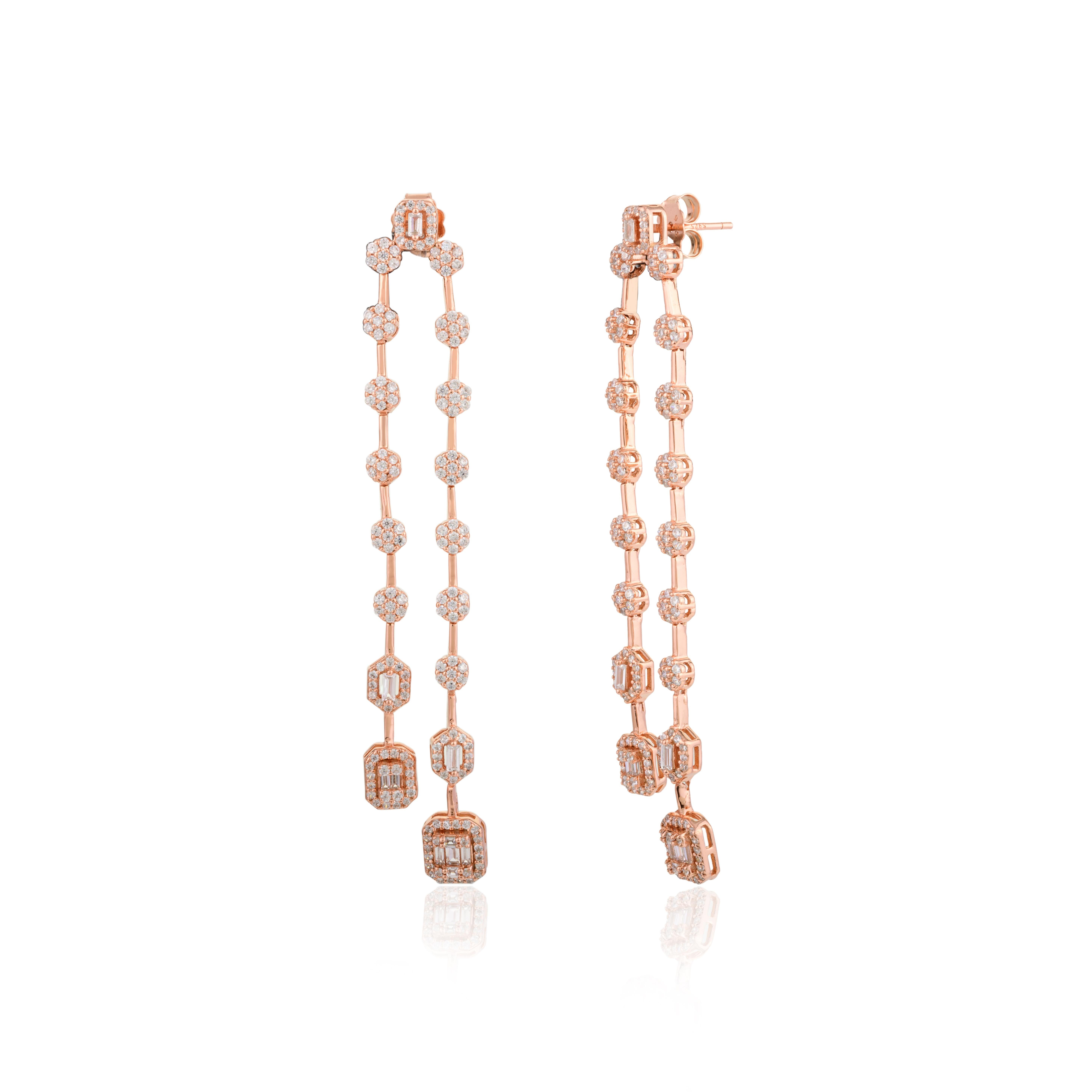 Modernist Rose Gold Plated 925 Silver Rhinestone Linear Long Dangle Drop Earrings for Mom For Sale