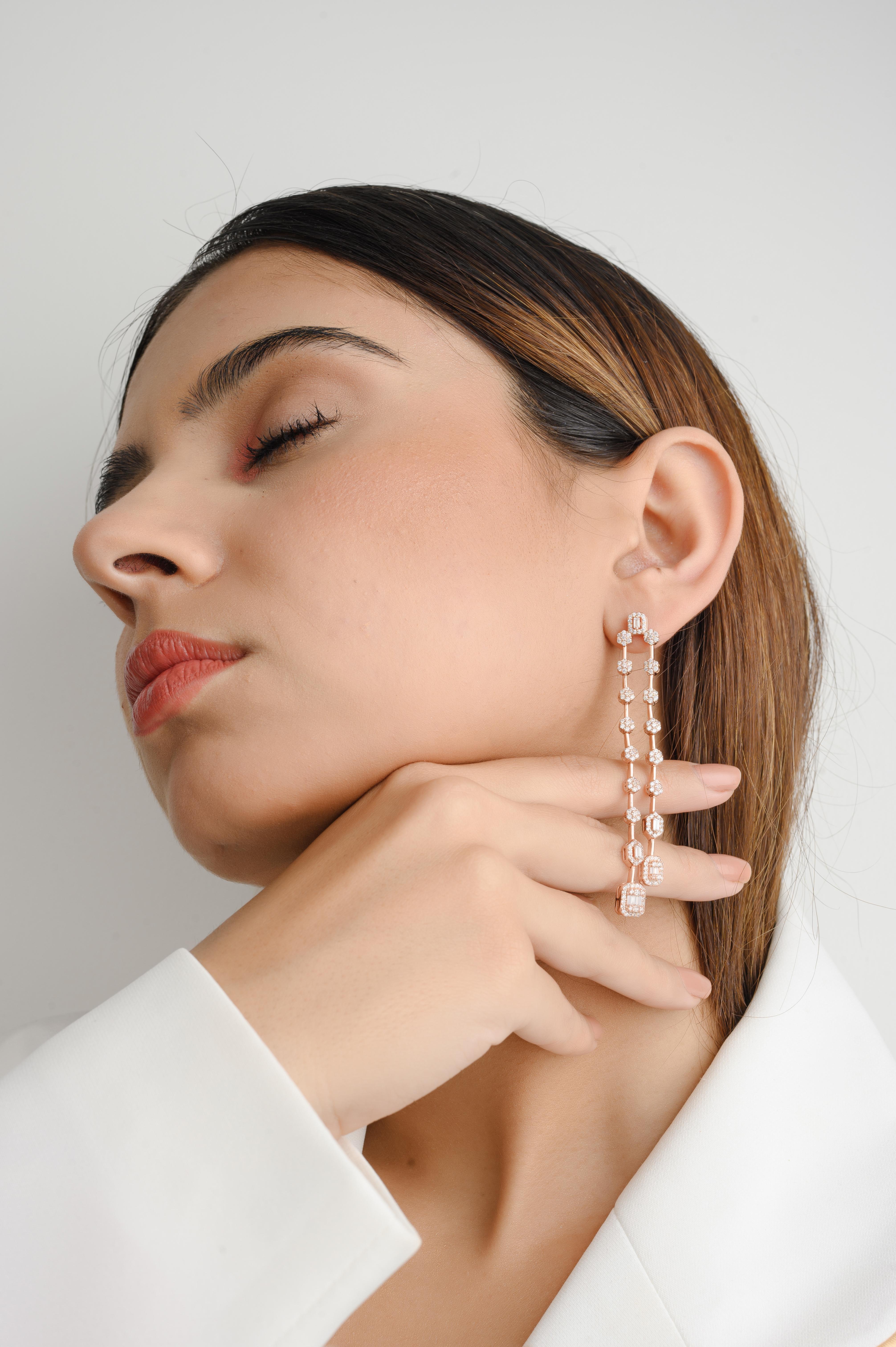 Round Cut Rose Gold Plated 925 Silver Rhinestone Linear Long Dangle Drop Earrings for Mom For Sale
