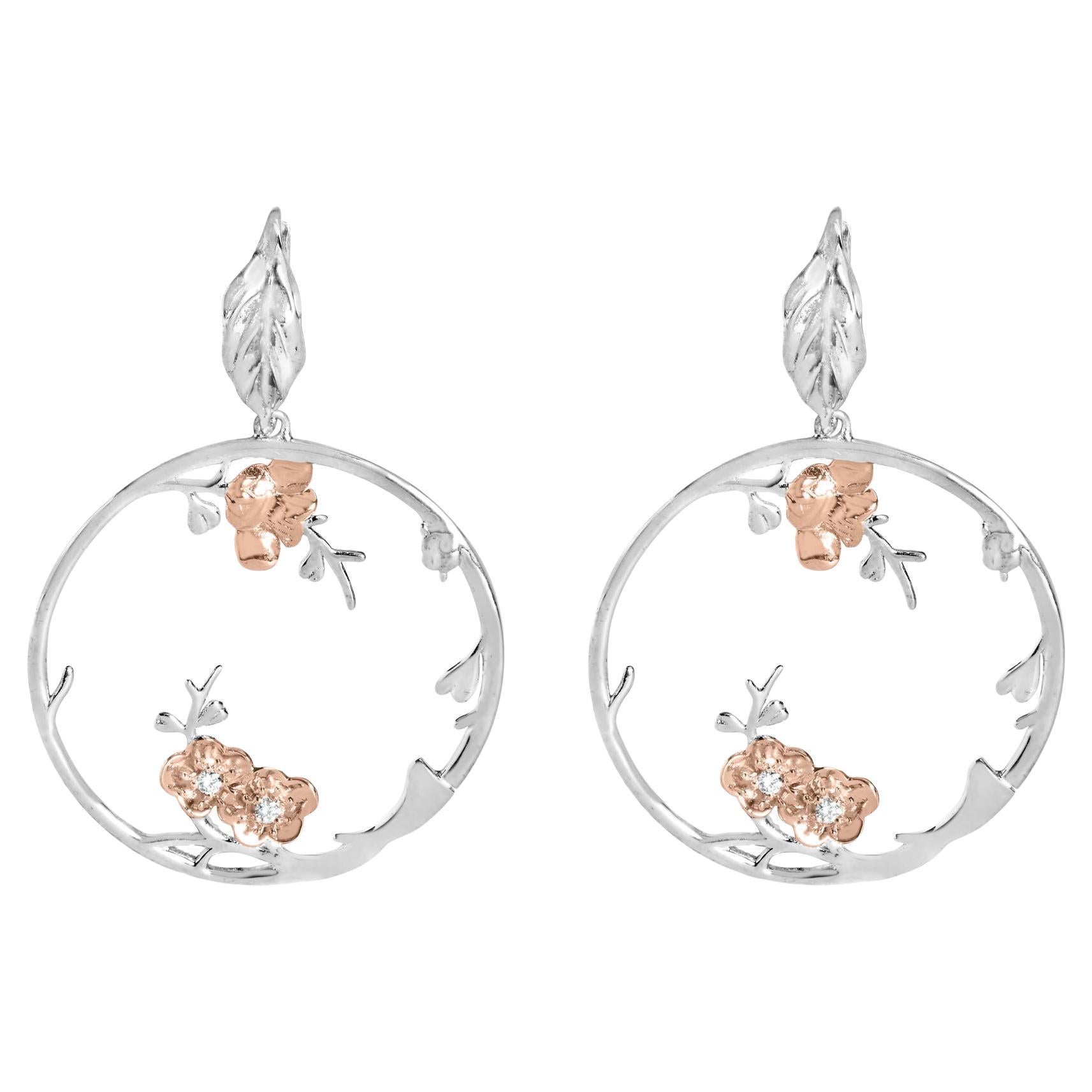 Rose Gold Plated .925 Sterling Silver 1/10 Cttw Diamond Floral Hoop Earrings