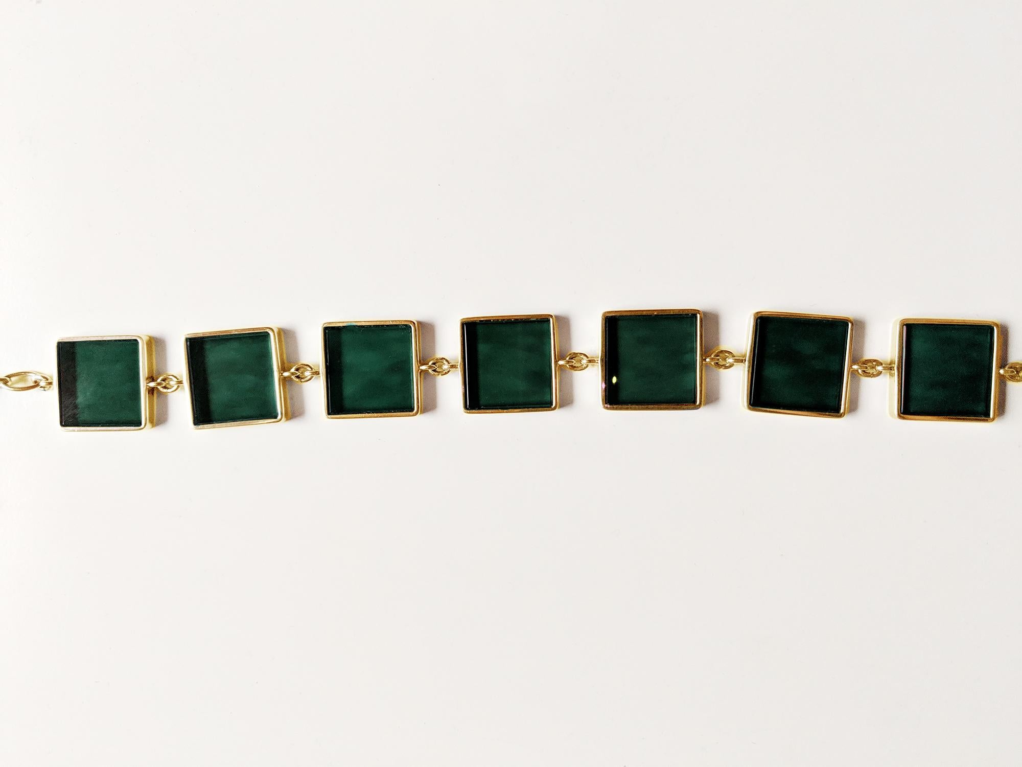 Rose Gold-Plated Sterling Silver Art Deco Style Bracelet with Green Quartzes For Sale 4