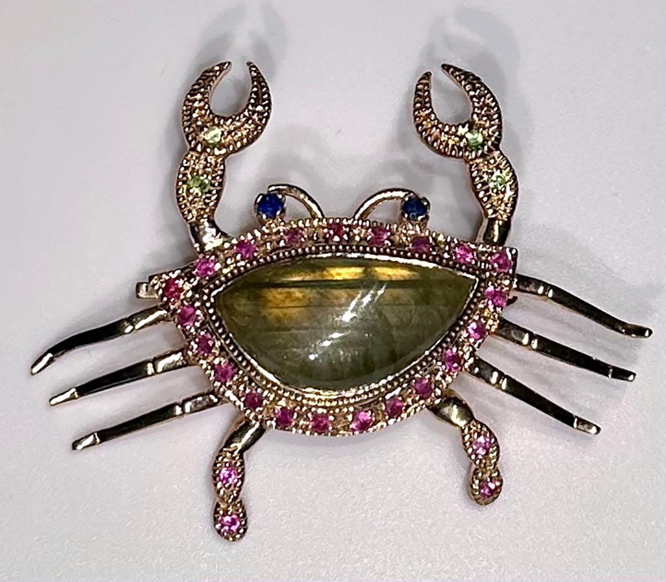 Cabochon Rose Gold Plated Silver Crab Brooch/Pendant 