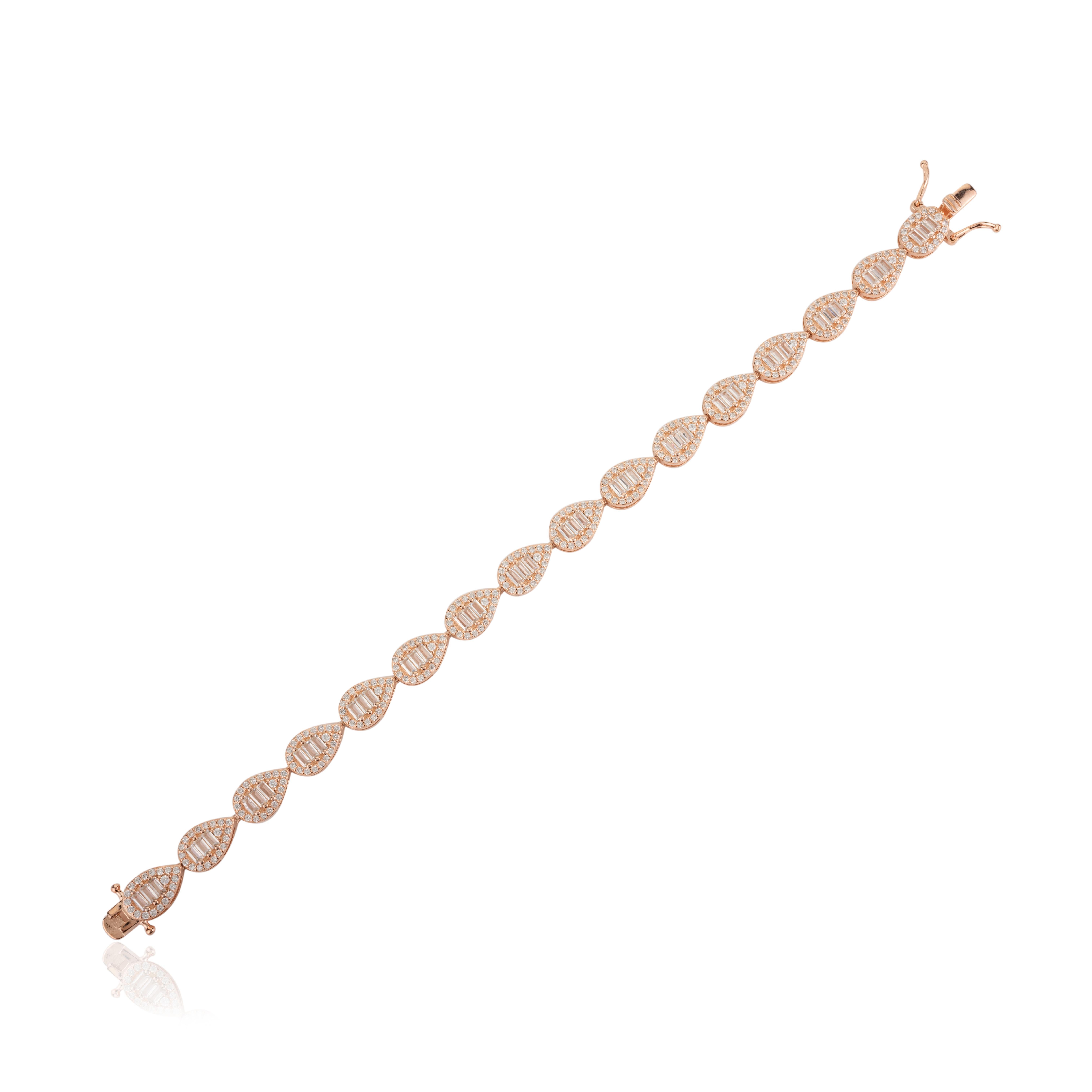 Rose Gold Plated Silver Cubic Zirconia Pear Tennis Bracelet Gift for Engagement In New Condition For Sale In New York, NY