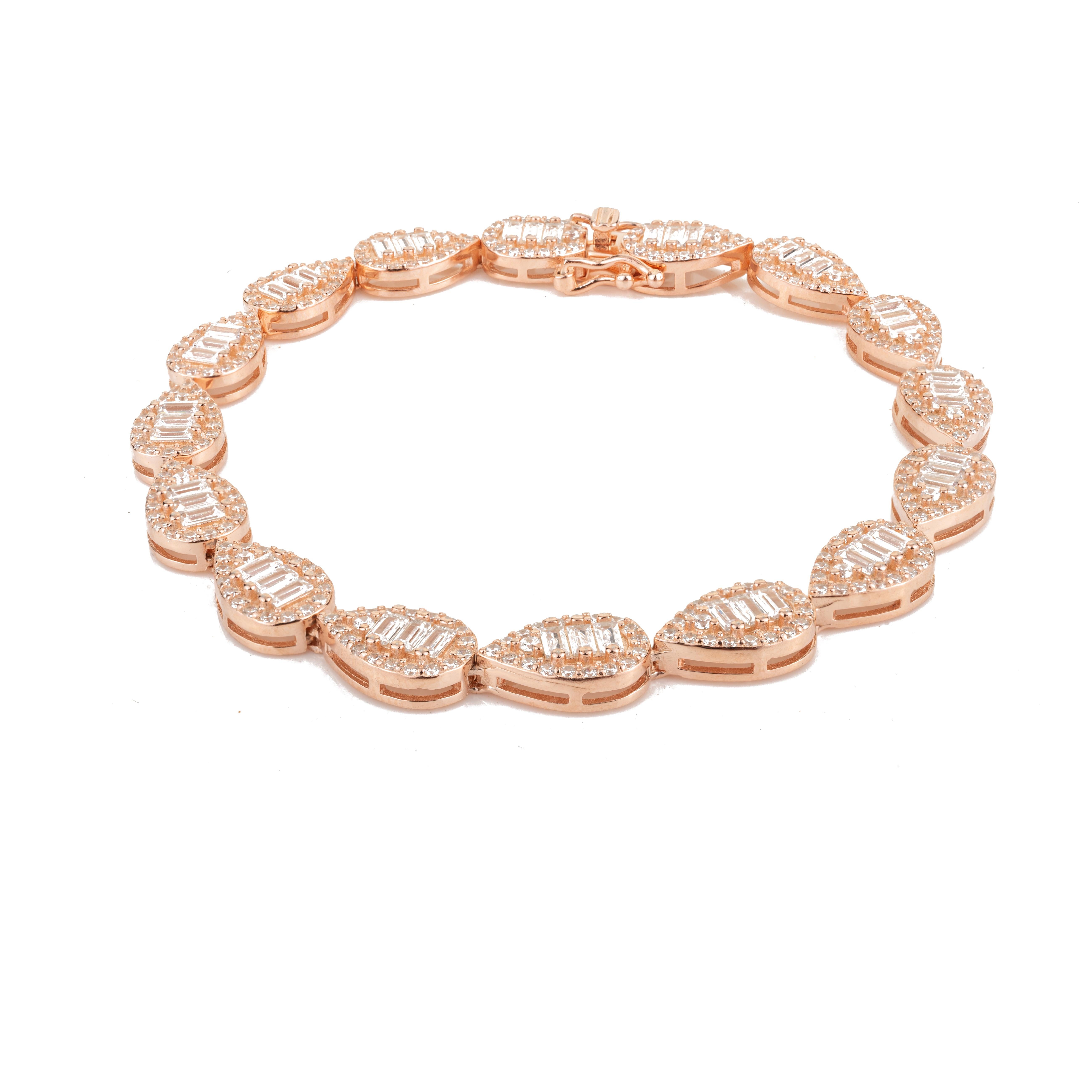 Women's Rose Gold Plated Silver Cubic Zirconia Pear Tennis Bracelet Gift for Engagement For Sale