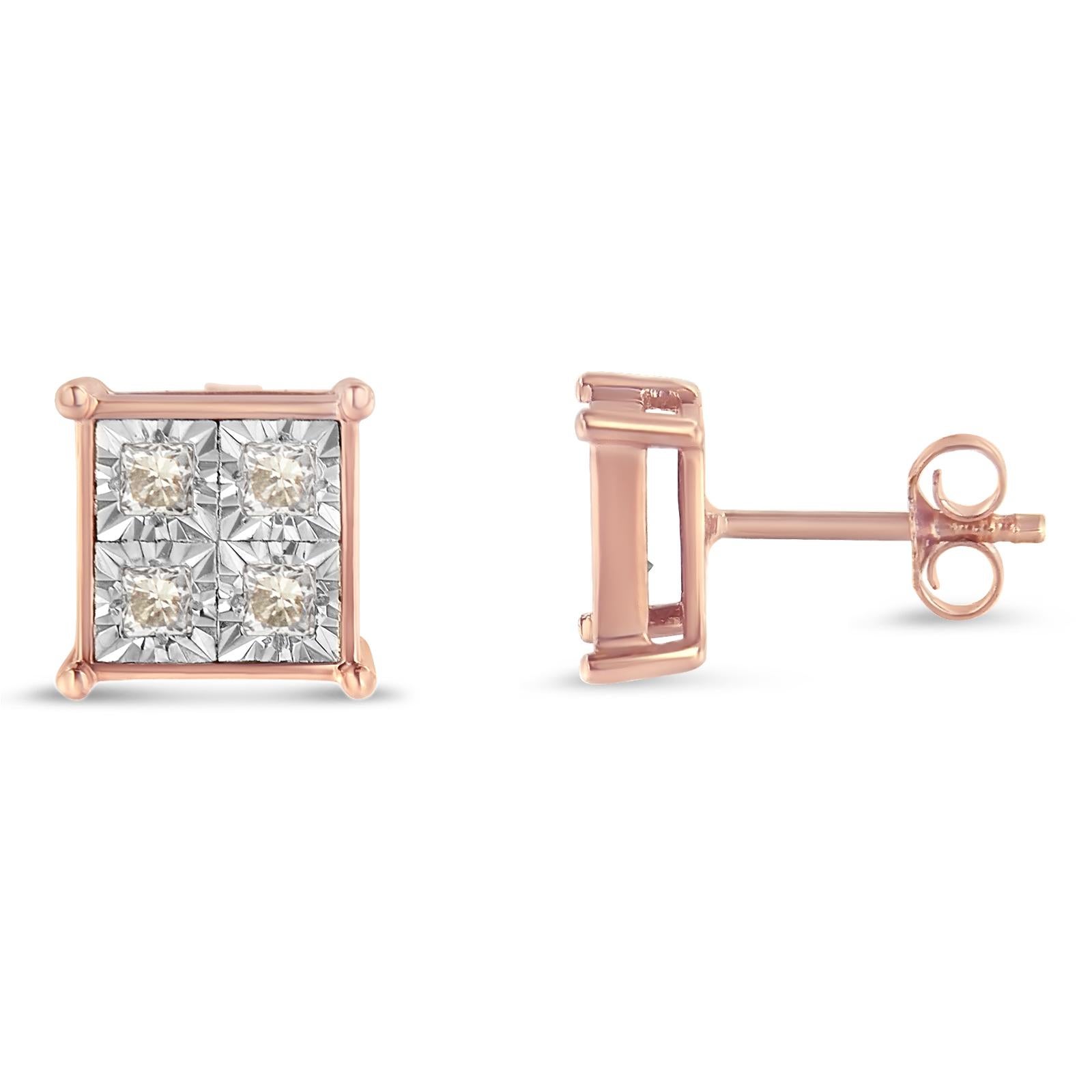 This pair of simple and elegant stud earrings will impress all who see it. It features rose plated sterling silver with eight fragments of princess-cut diamonds arranged in a miracle setting. 'Video Available Upon Request'

Product