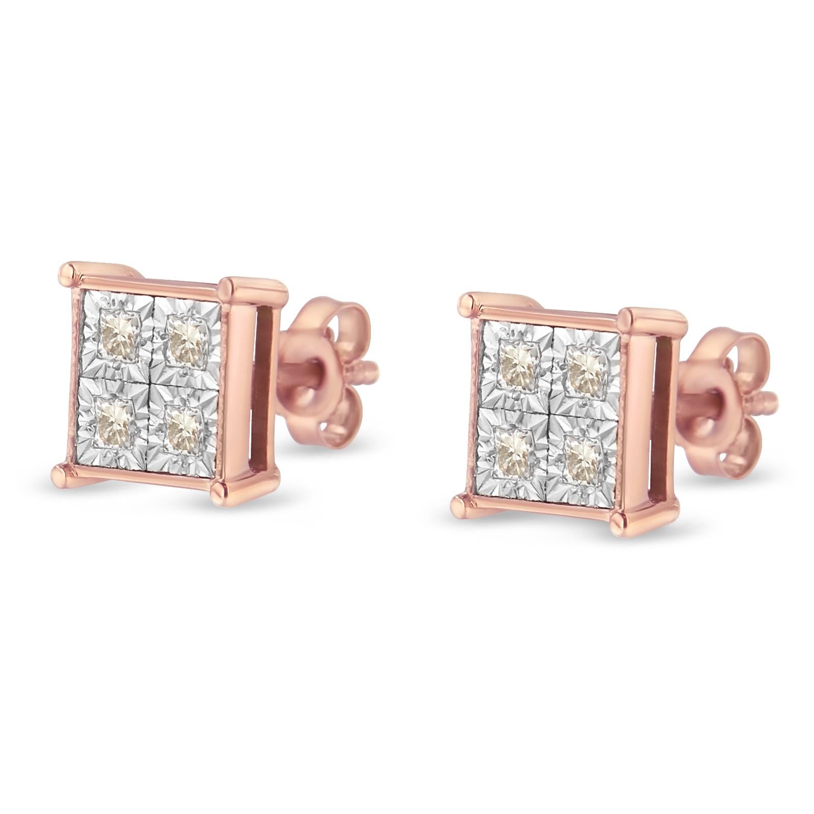 Contemporary Rose Gold Plated Sterling Silver 1/2 Carat Diamond Composite Stud Earrings For Sale