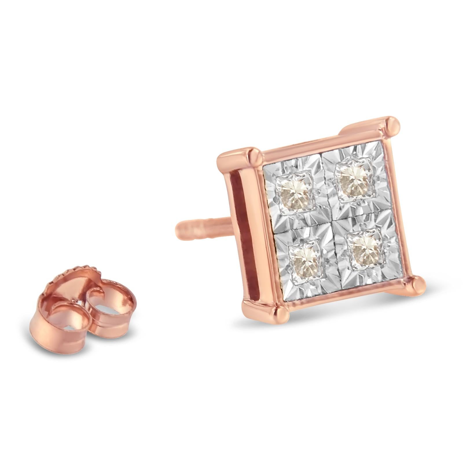 Princess Cut Rose Gold Plated Sterling Silver 1/2 Carat Diamond Composite Stud Earrings For Sale