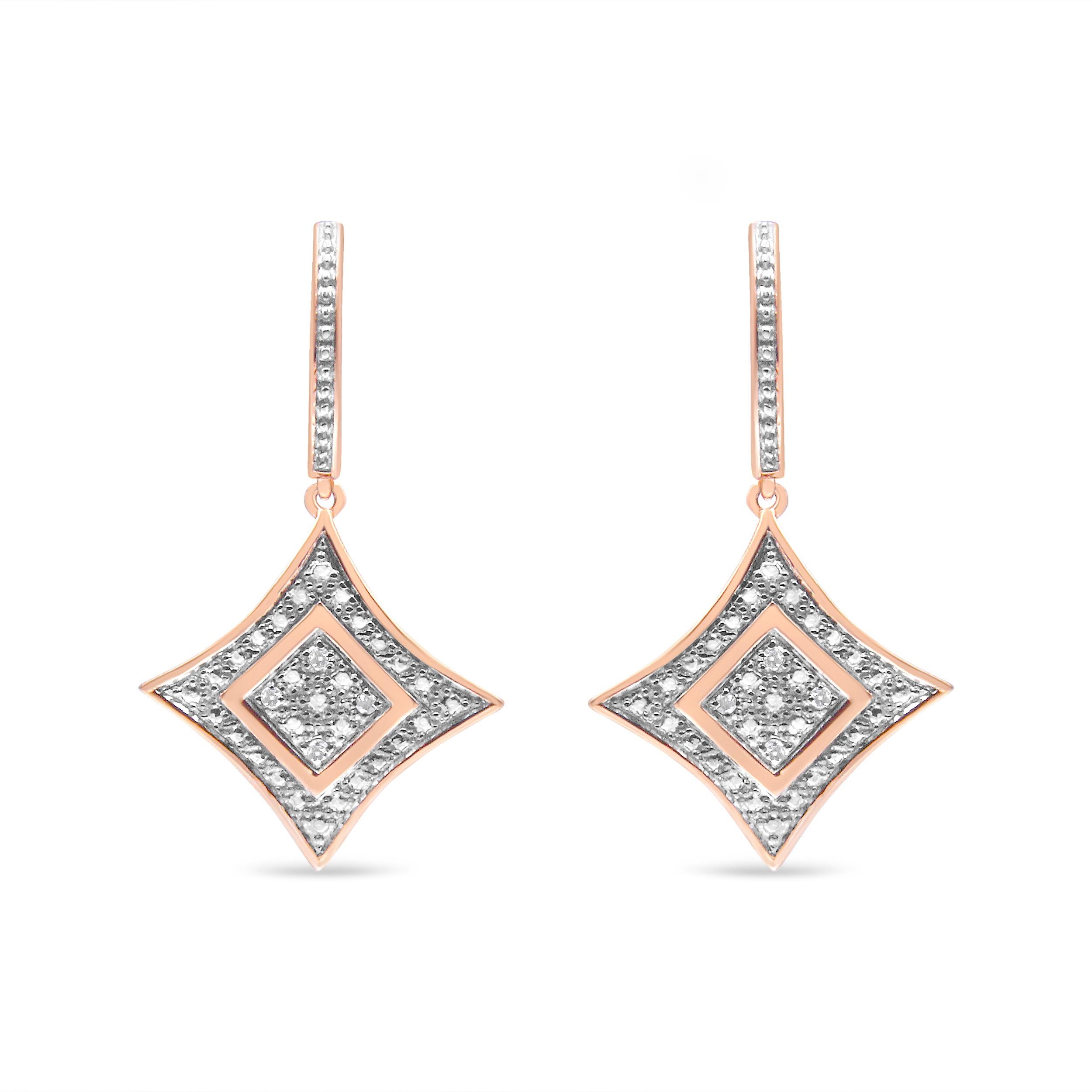 Twinkle like a star by wearing these stunning dangle earrings. Each of the earrings is made using sterling silver and plated with rose gold. Fashioned in the cushion shape, the earrings are embellished with shimmering round cut diamonds that are