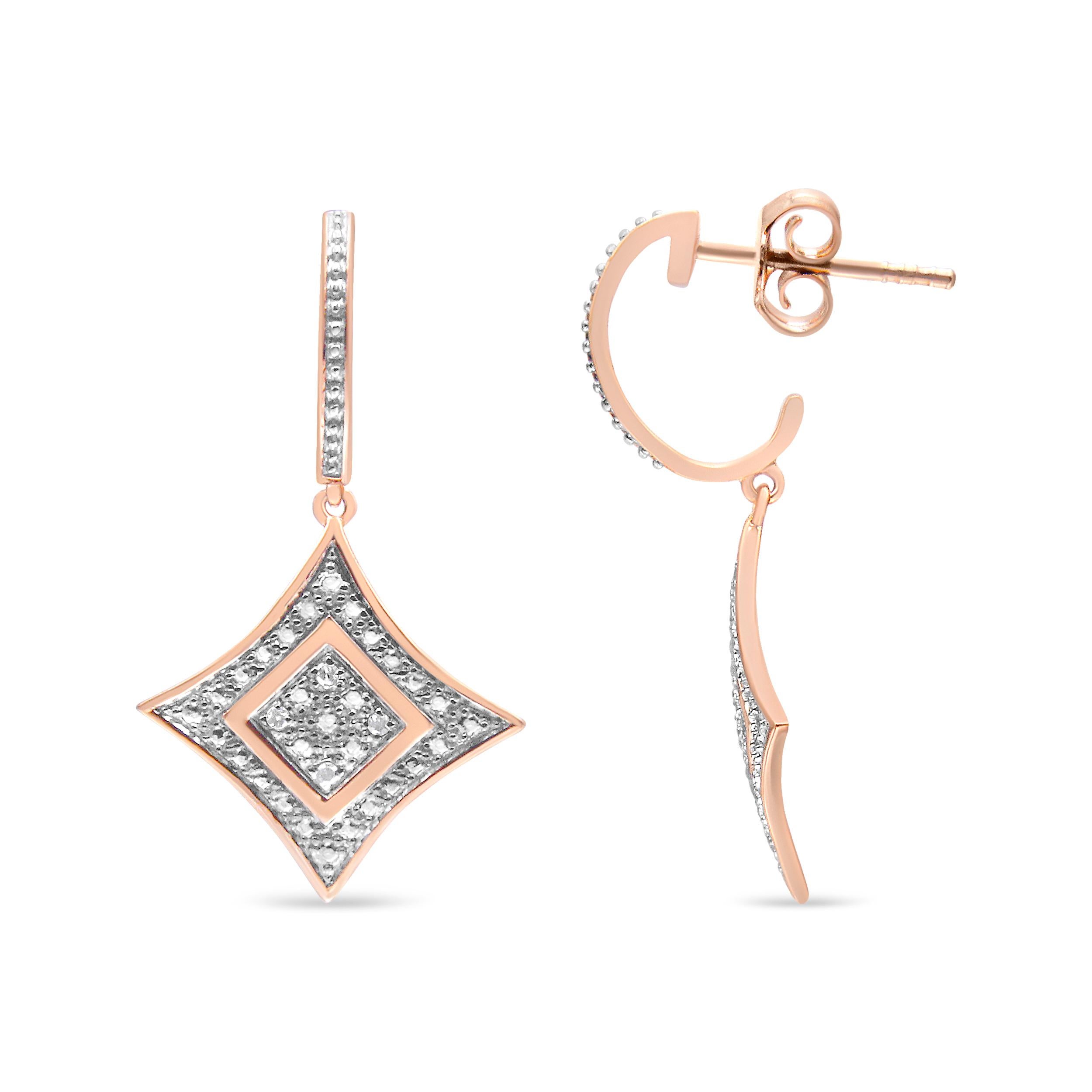 Contemporary Rose Gold Plated Sterling Silver 1/20 Carat Diamond Cushion Dangle Earrings For Sale