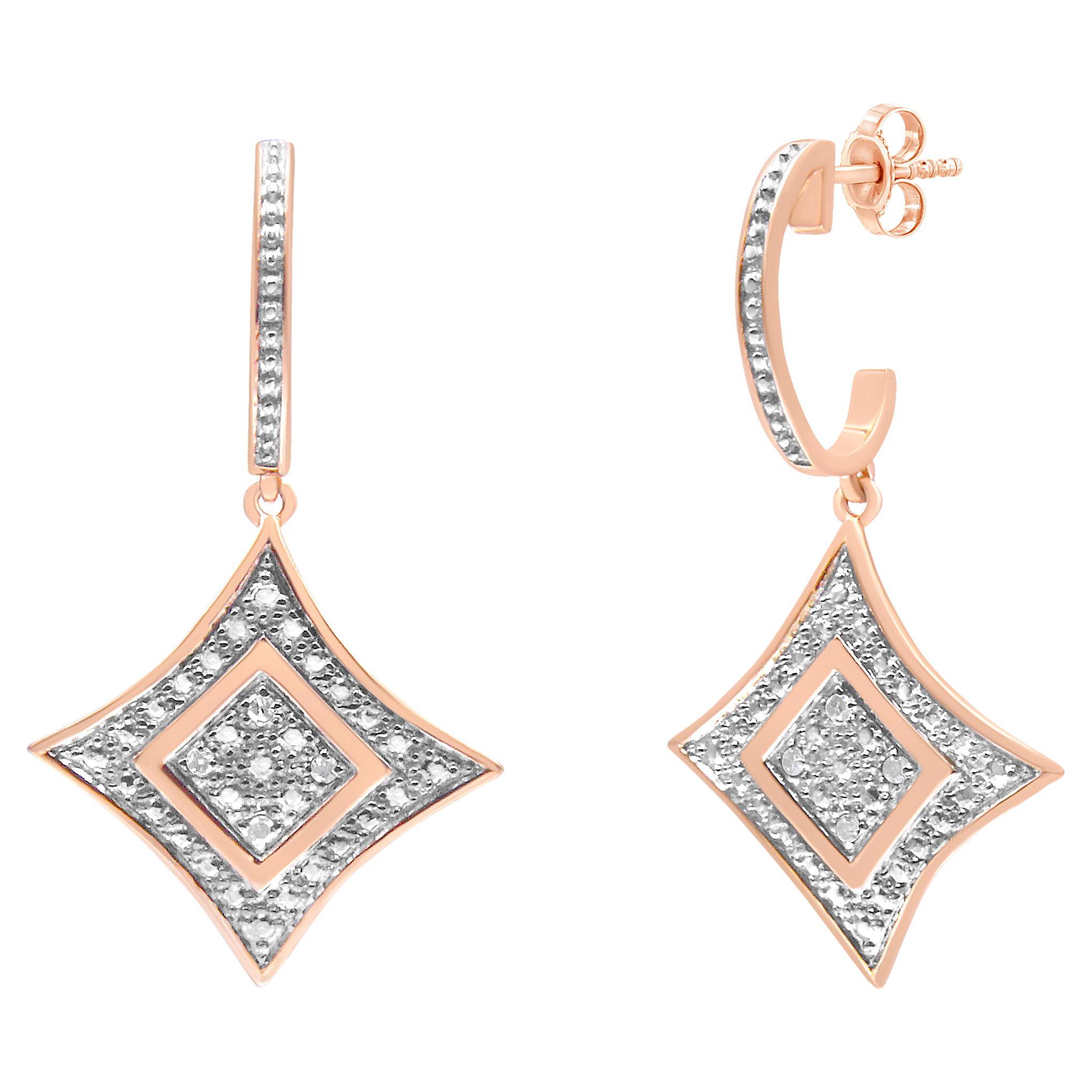 Rose Gold Plated Sterling Silver 1/20 Carat Diamond Cushion Dangle Earrings
