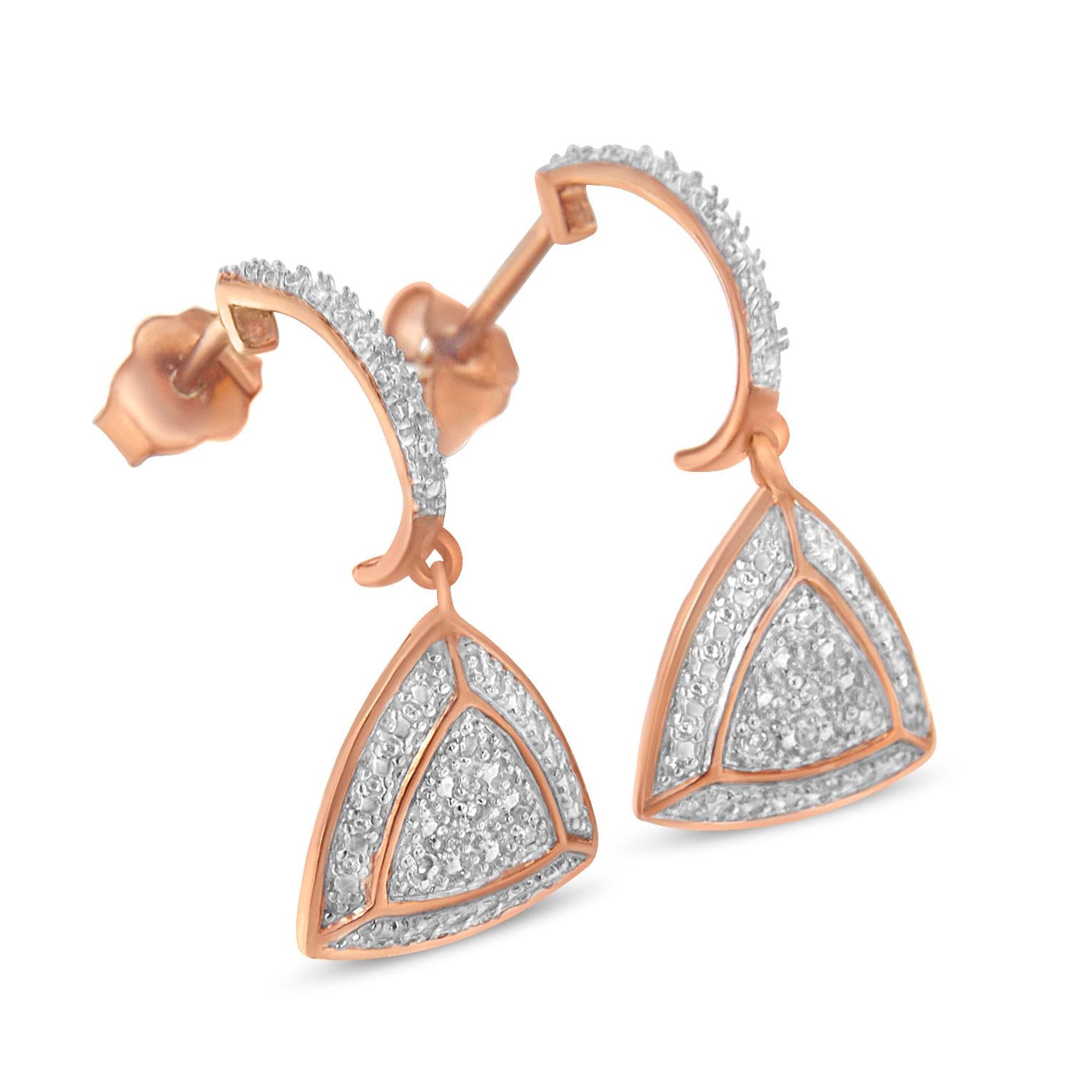 Contemporary Rose Gold Plated Sterling Silver 1/25 Carat Diamond Accent Dangle Earrings For Sale