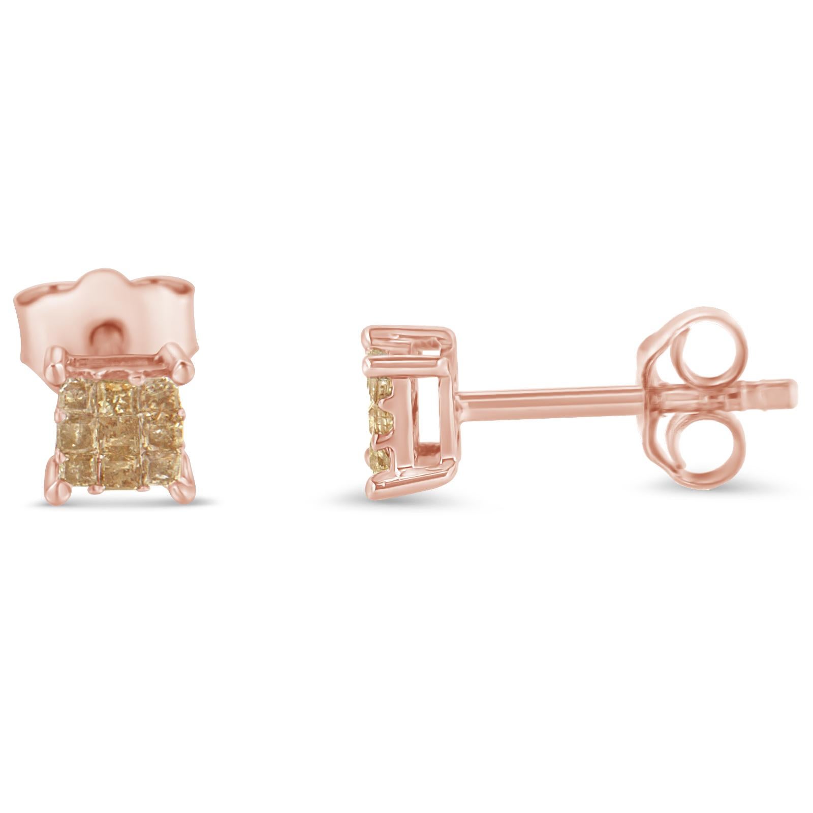 Rose tinted metals and stones are all the rage. Indulge in the trend with these 0.25 carat princess cut diamond stud earrings. The champagne colored stones perfectly compliment the rose colored sterling silver setting for a fashionable look.

