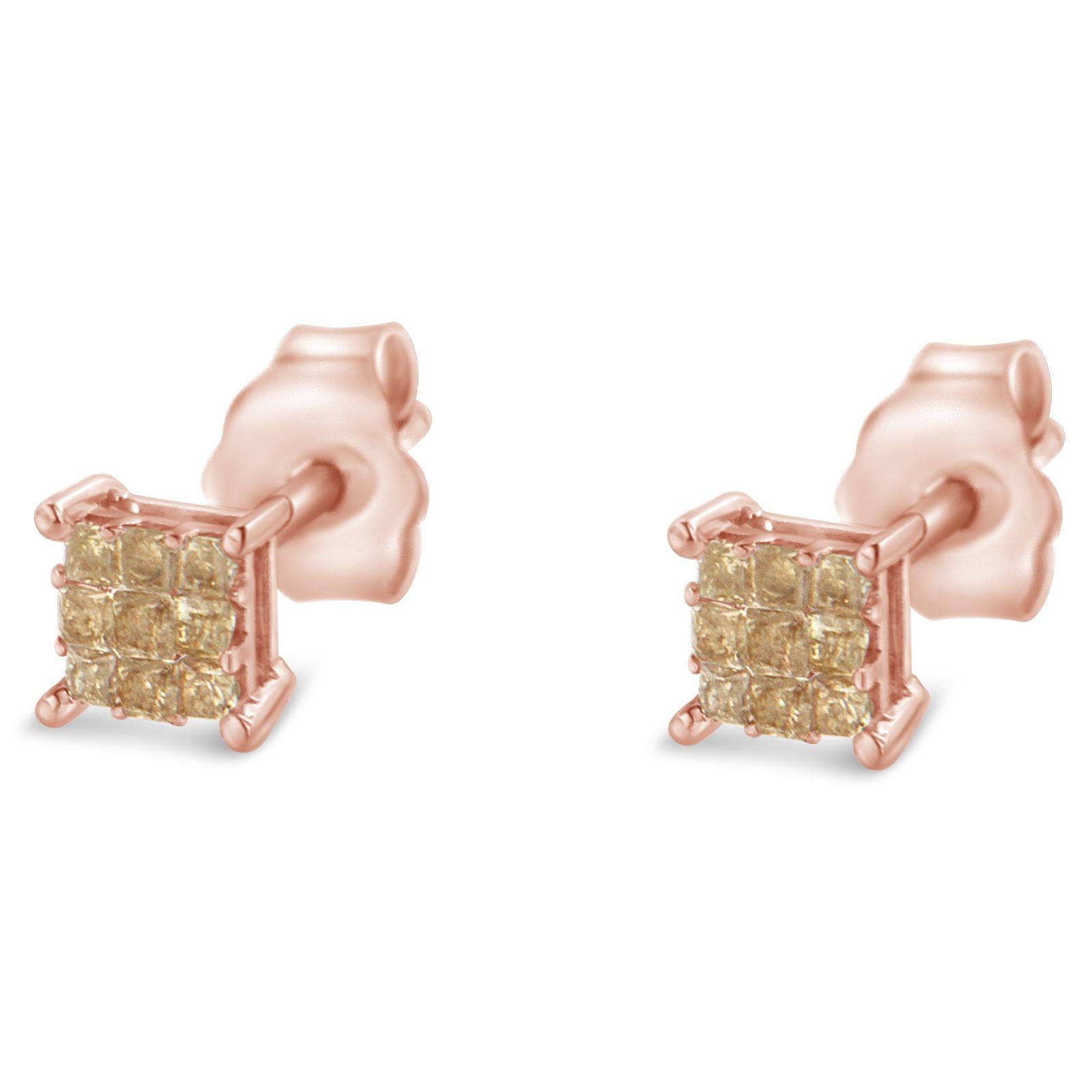 Contemporary Rose Gold Plated Sterling Silver 1/4 Carat Diamond Composite Stud Earrings For Sale