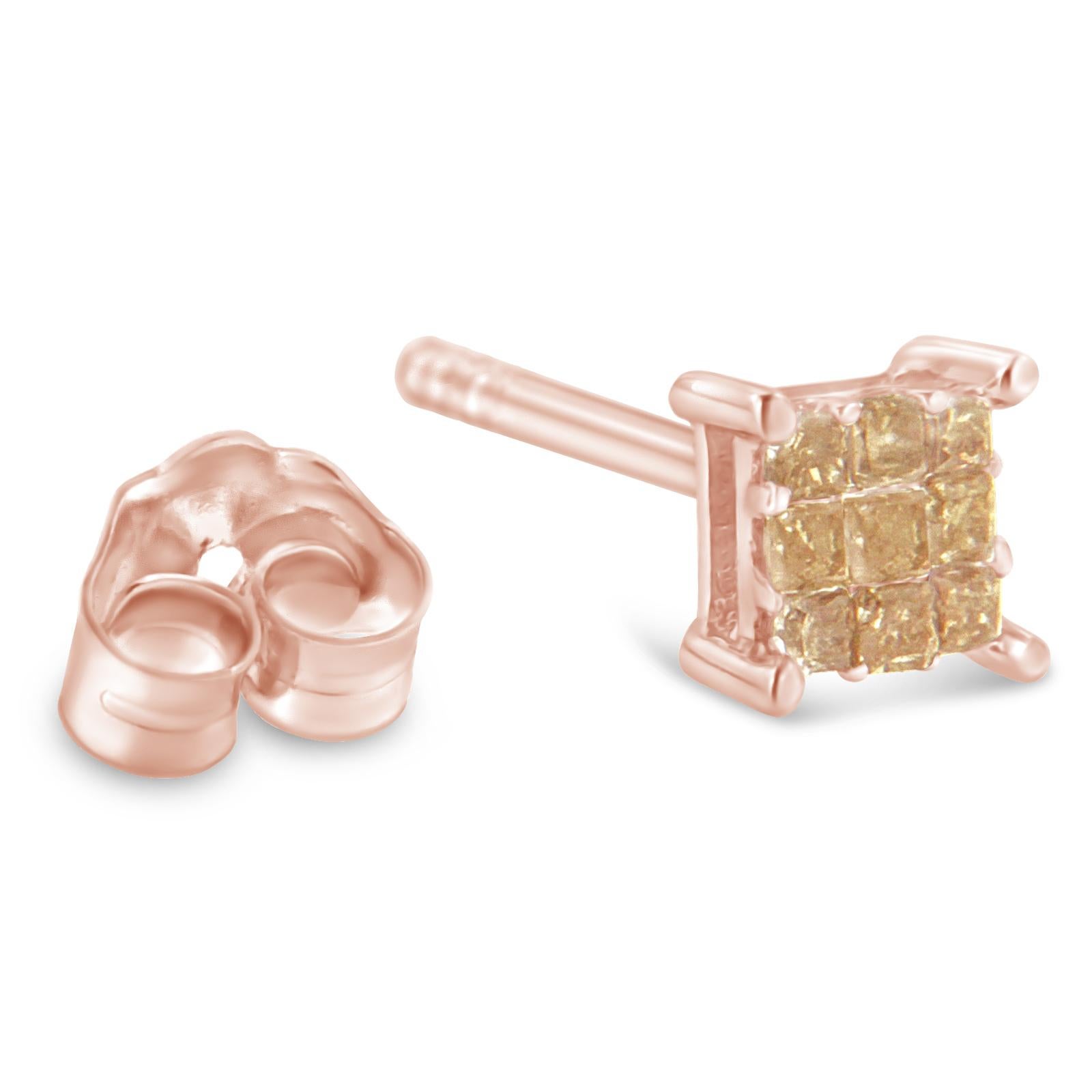 Princess Cut Rose Gold Plated Sterling Silver 1/4 Carat Diamond Composite Stud Earrings For Sale