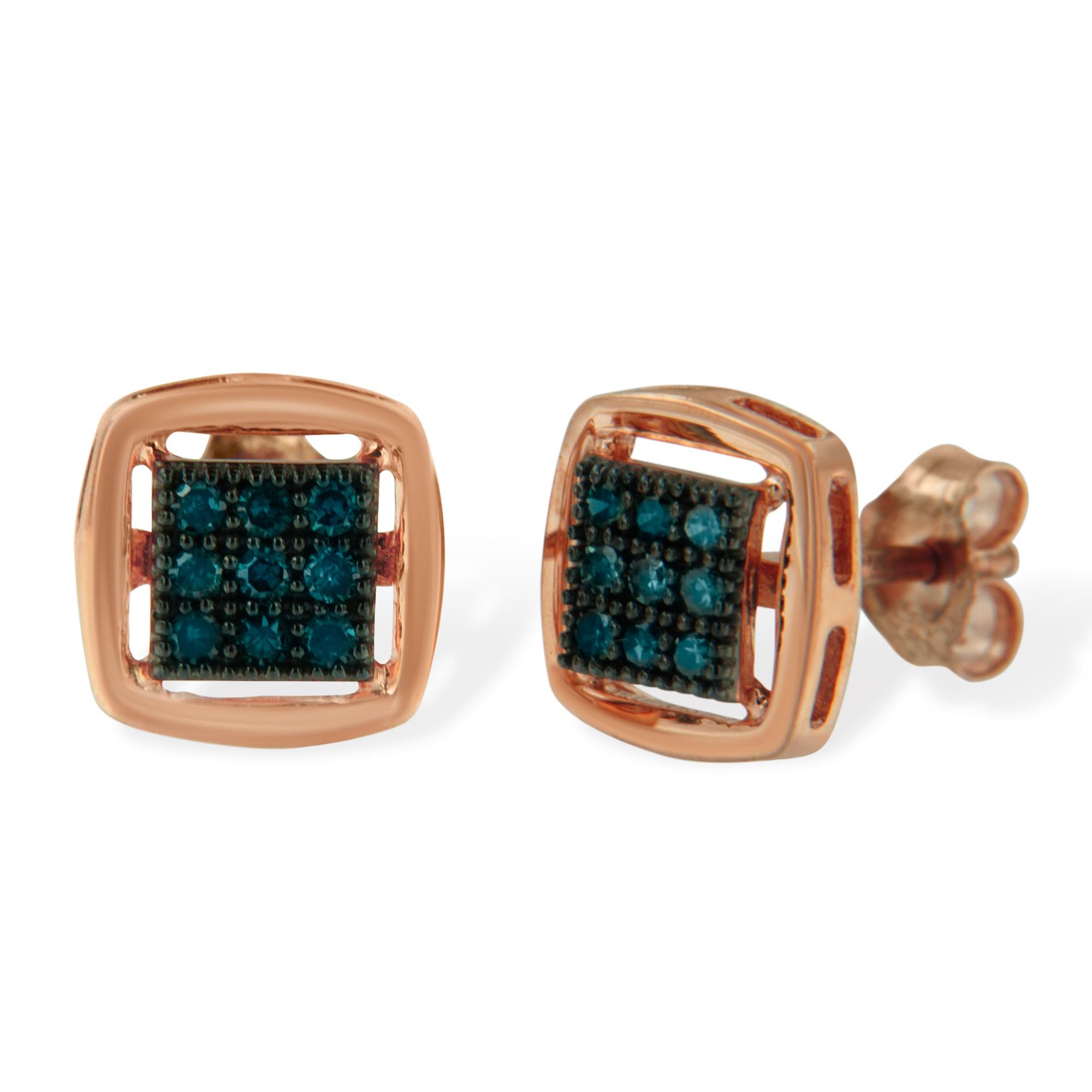 Contemporary Rose Gold Plated Sterling Silver 1/4 Carat Treated Blue Diamond Stud Earrings For Sale