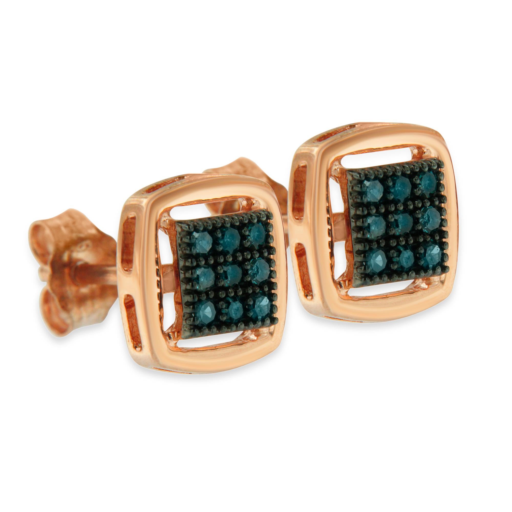 Rose Cut Rose Gold Plated Sterling Silver 1/4 Carat Treated Blue Diamond Stud Earrings For Sale