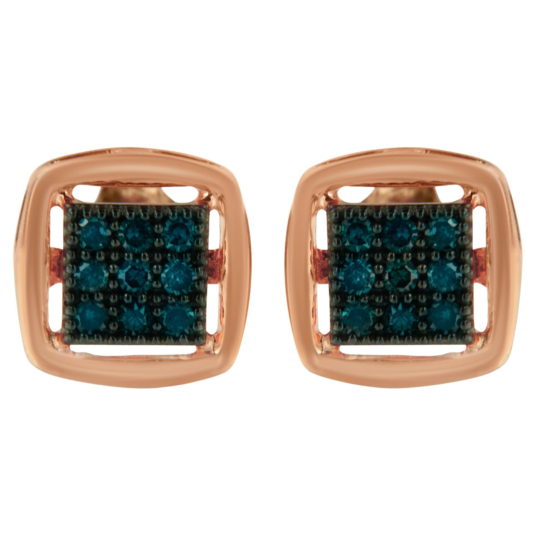 Rose Gold Plated Sterling Silver 1/4 Carat Treated Blue Diamond Stud Earrings For Sale