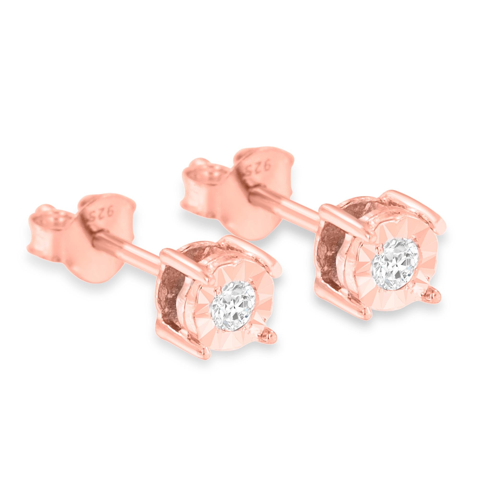 Contemporary Rose Gold Plated Sterling Silver 1/5 Carat Round-Cut Diamond Stud Earrings For Sale
