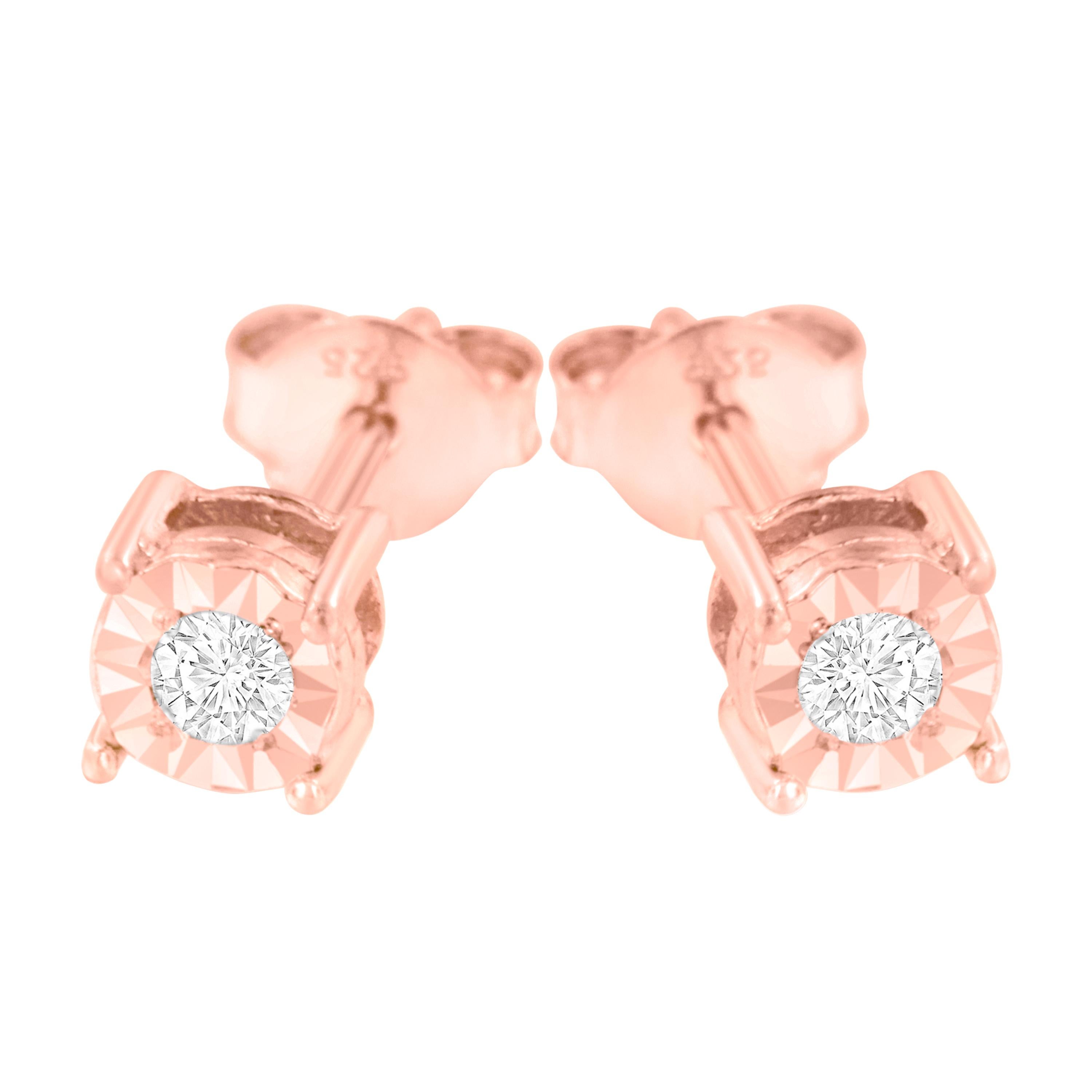 Rose Gold Plated Sterling Silver 1/5 Carat Round-Cut Diamond Stud Earrings In New Condition For Sale In New York, NY