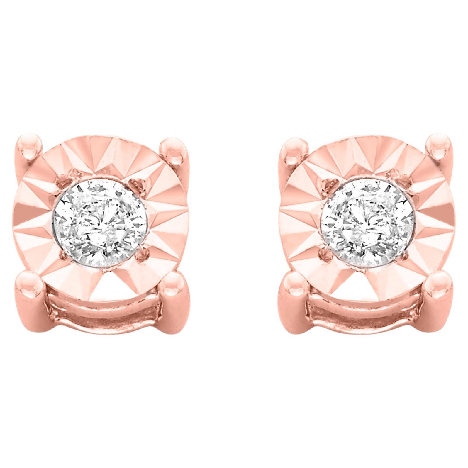 Rose Gold Plated Sterling Silver 1/5 Carat Round-Cut Diamond Stud Earrings For Sale