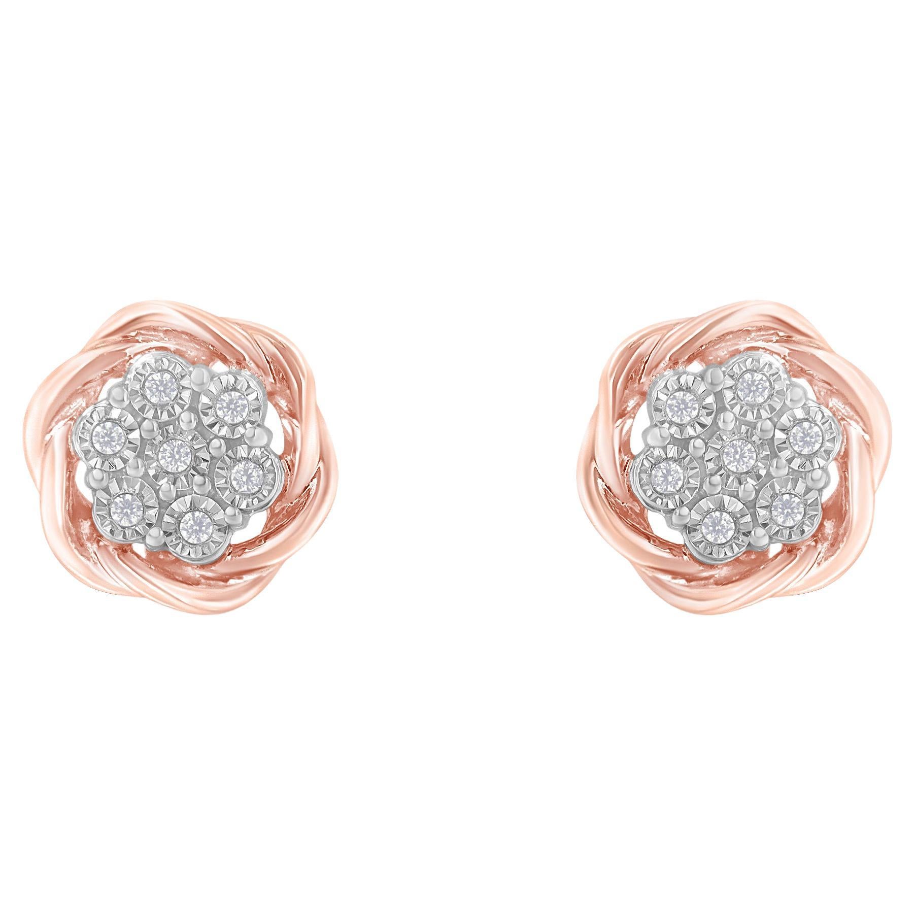 Rose Gold Plated Sterling Silver 1/6 Carat Round Diamond Rose Stud Earrings