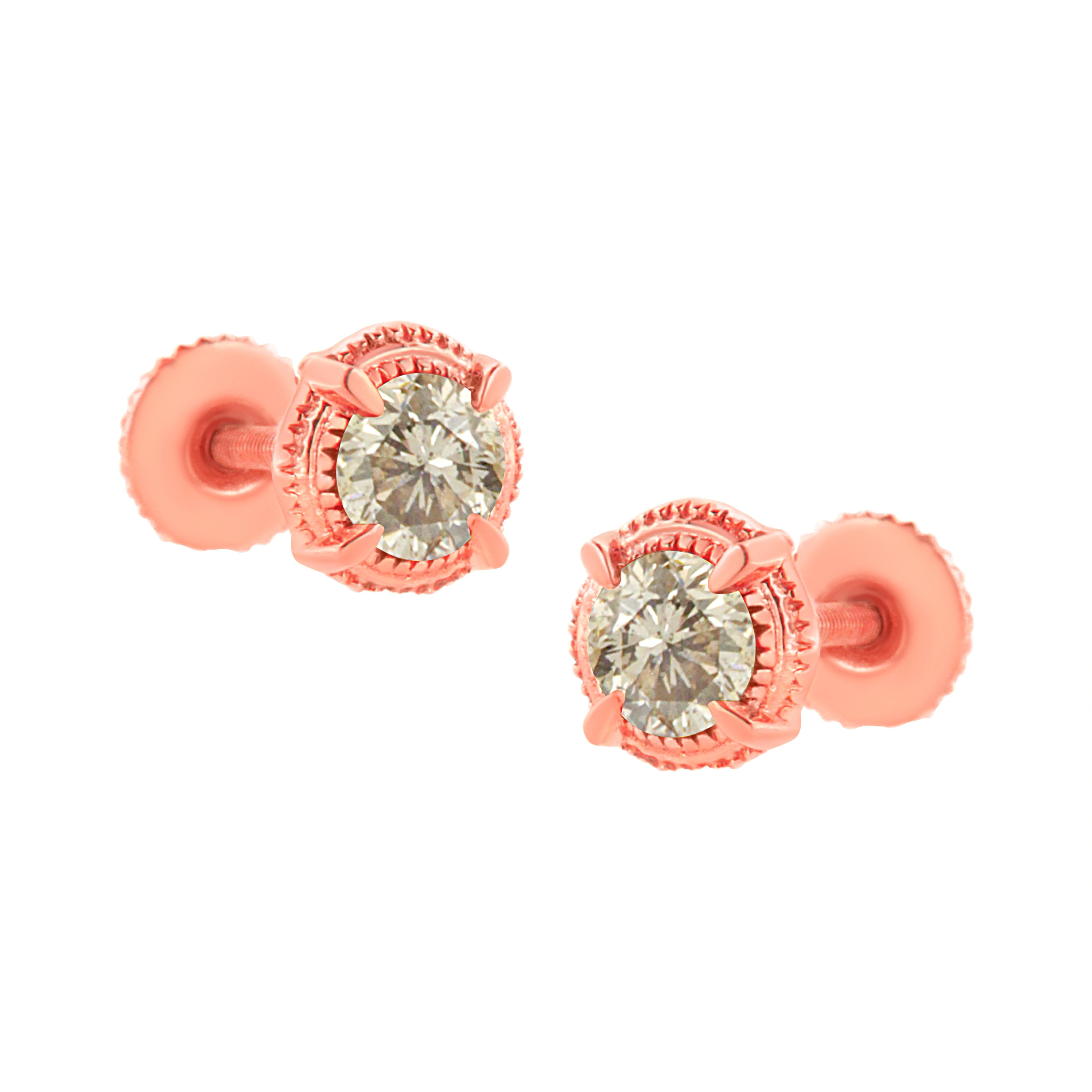 Contemporary Rose Gold Plated Sterling Silver 1.0 Carat Diamond Milgrain Stud Earrings For Sale
