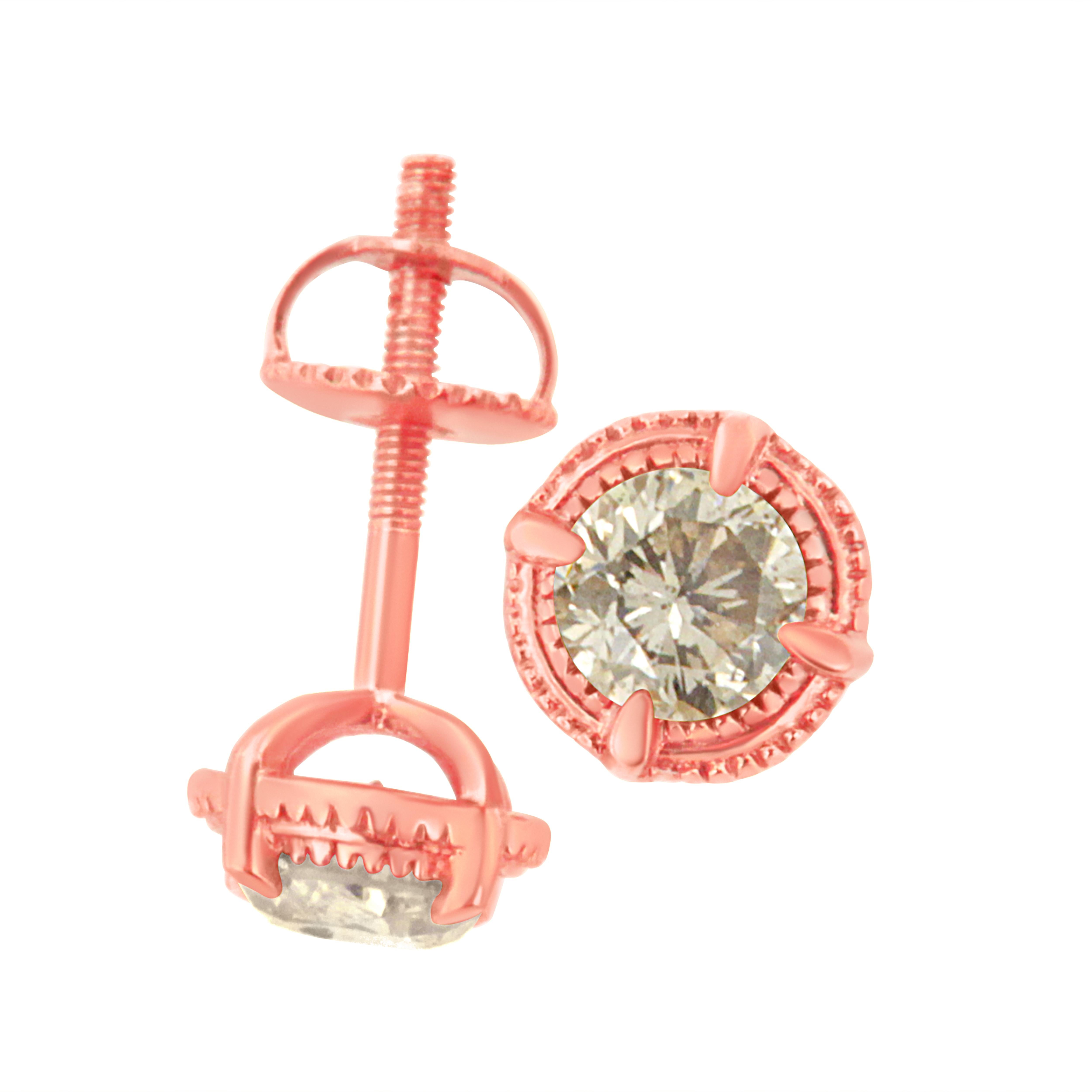 Rose Gold Plated Sterling Silver 1.0 Carat Diamond Milgrain Stud Earrings In New Condition For Sale In New York, NY