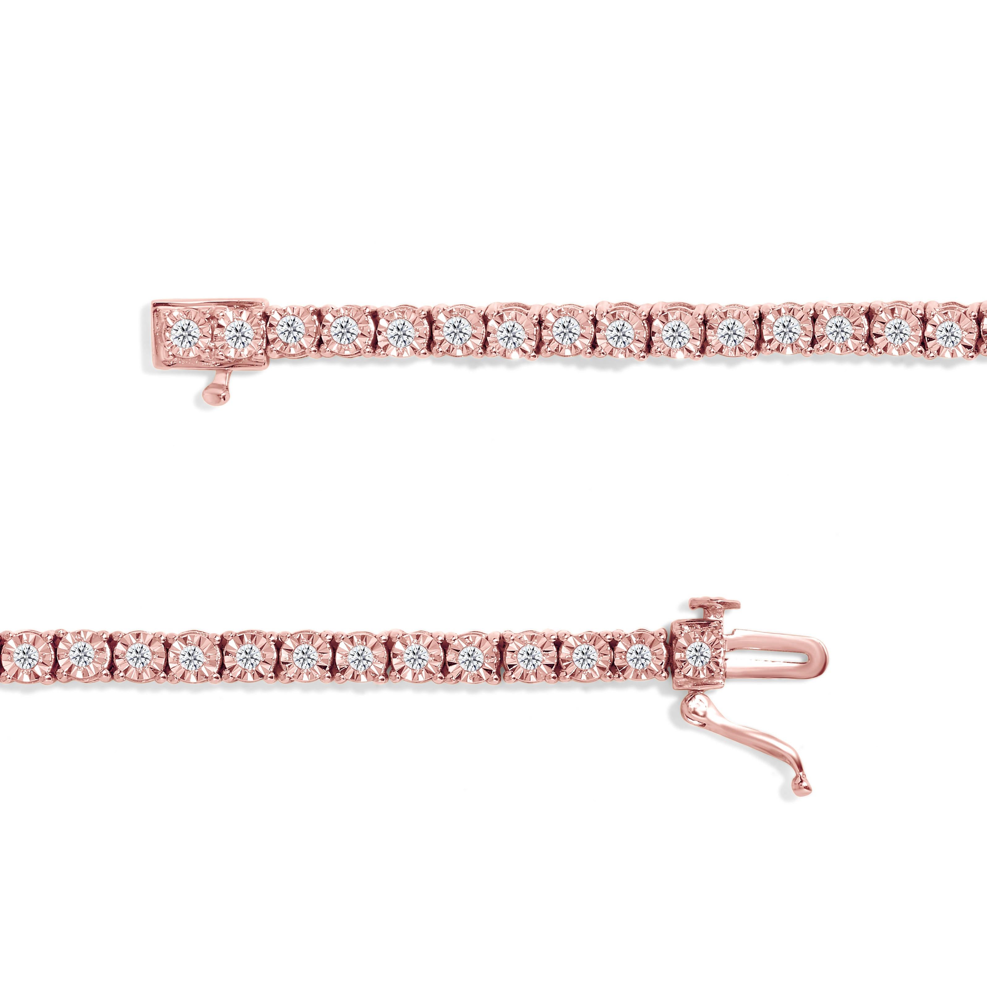 Art déco Bracelet tennis en argent sterling plaqué or rose avec diamants ronds facettés de 1,0 carat en vente