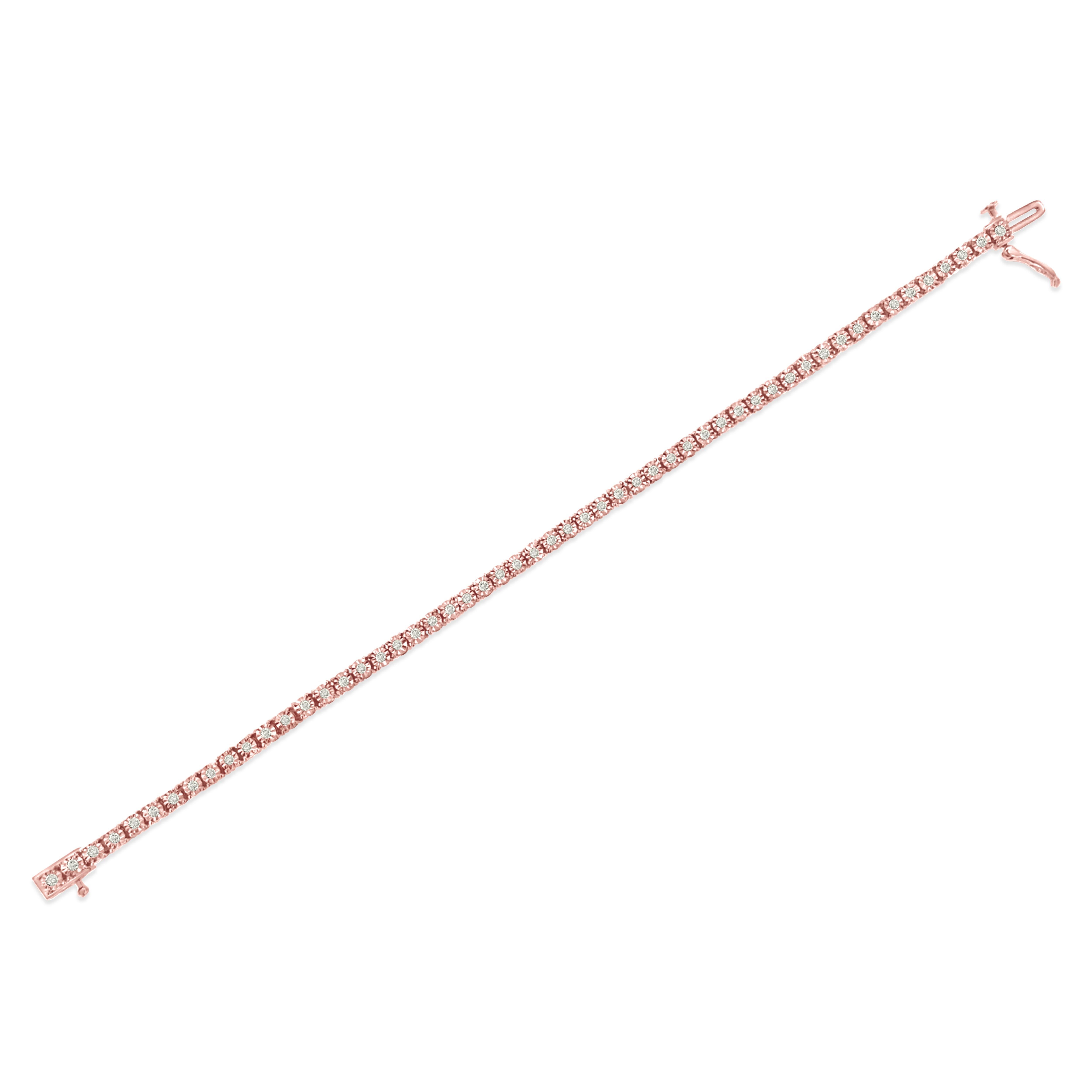 Taille ronde Bracelet tennis en argent sterling plaqué or rose avec diamants ronds facettés de 1,0 carat en vente