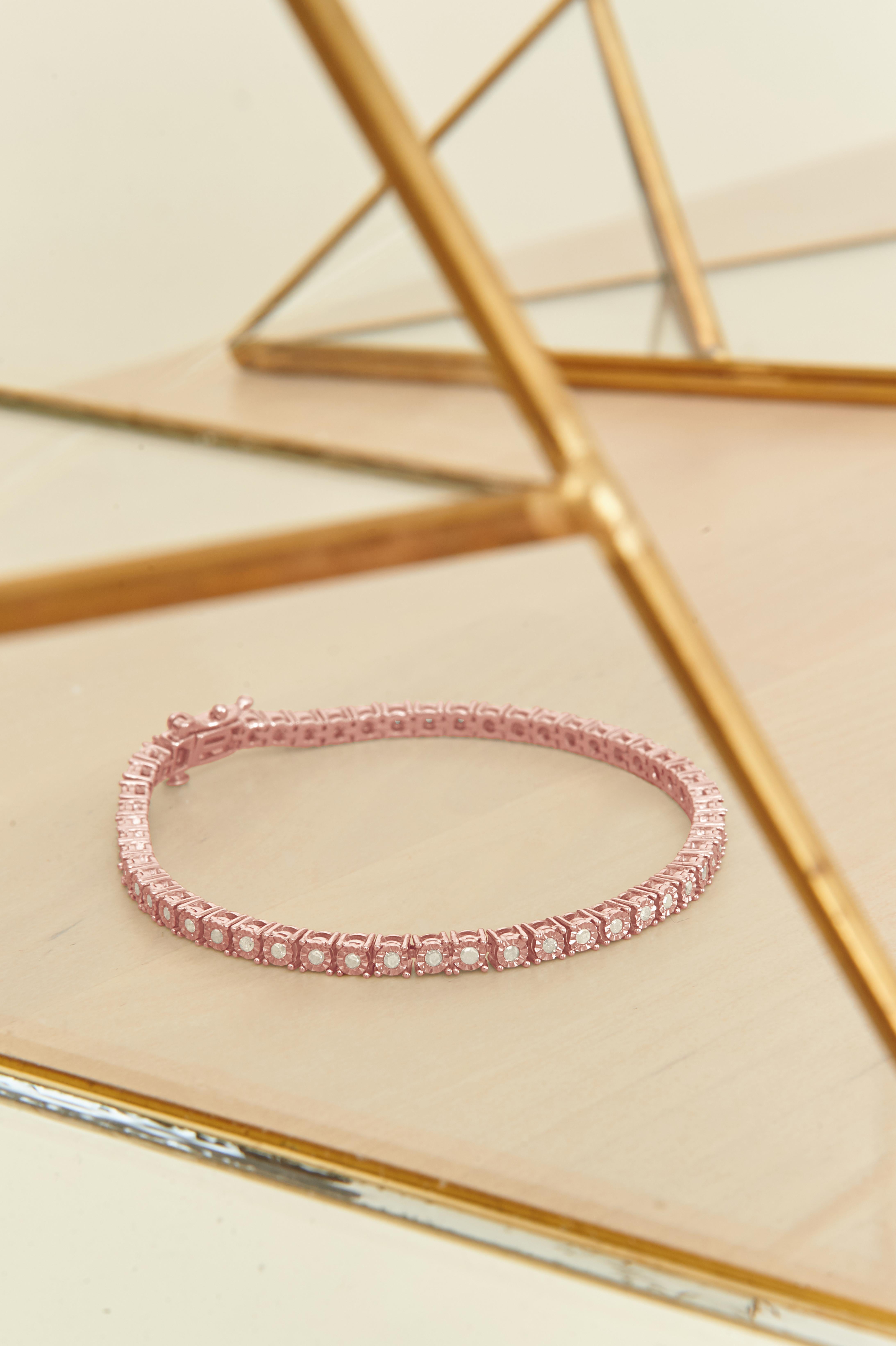 Bracelet tennis en argent sterling plaqué or rose avec diamants ronds facettés de 1,0 carat Pour femmes en vente