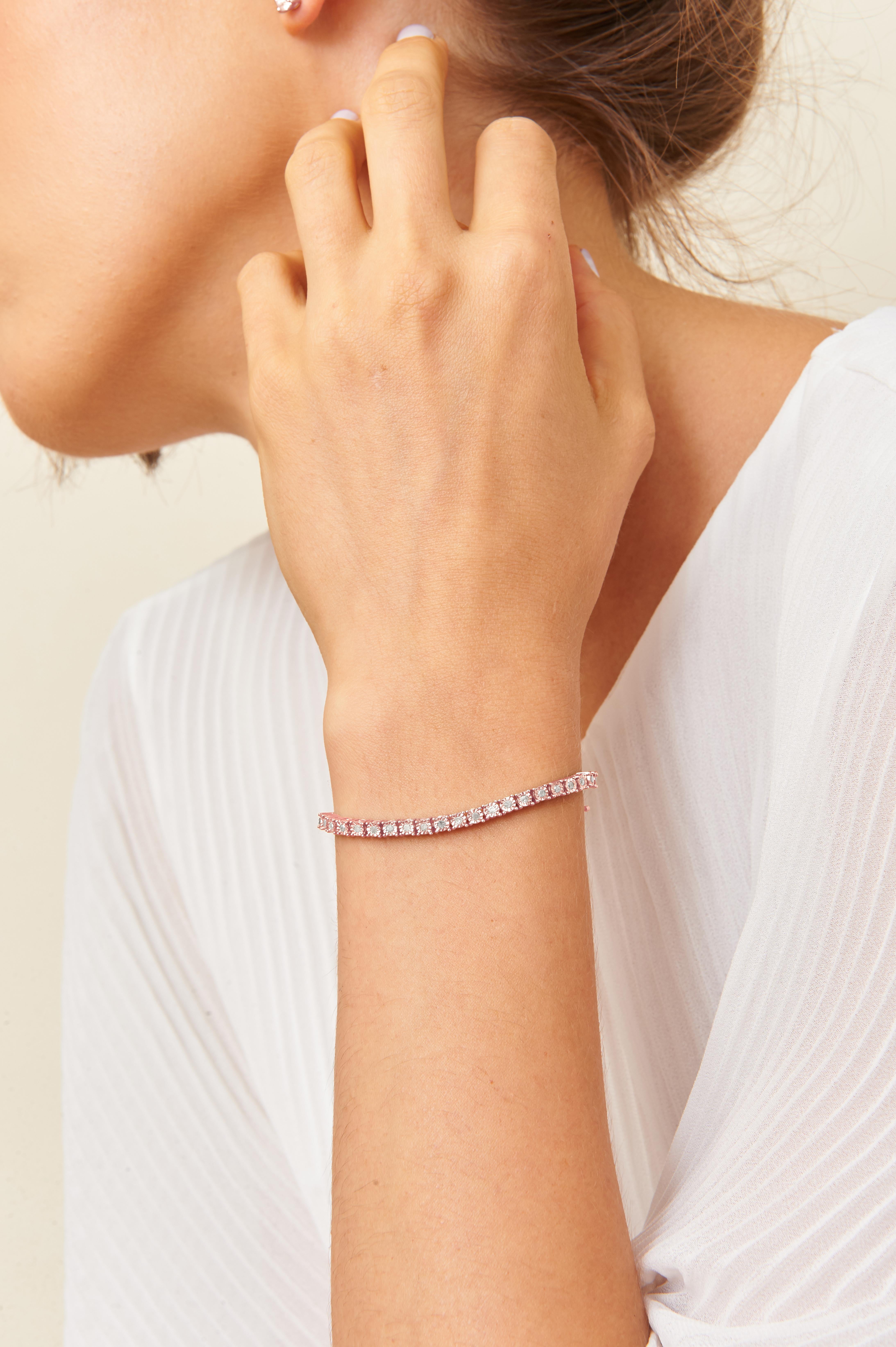 Bracelet tennis en argent sterling plaqué or rose avec diamants ronds facettés de 1,0 carat en vente 1