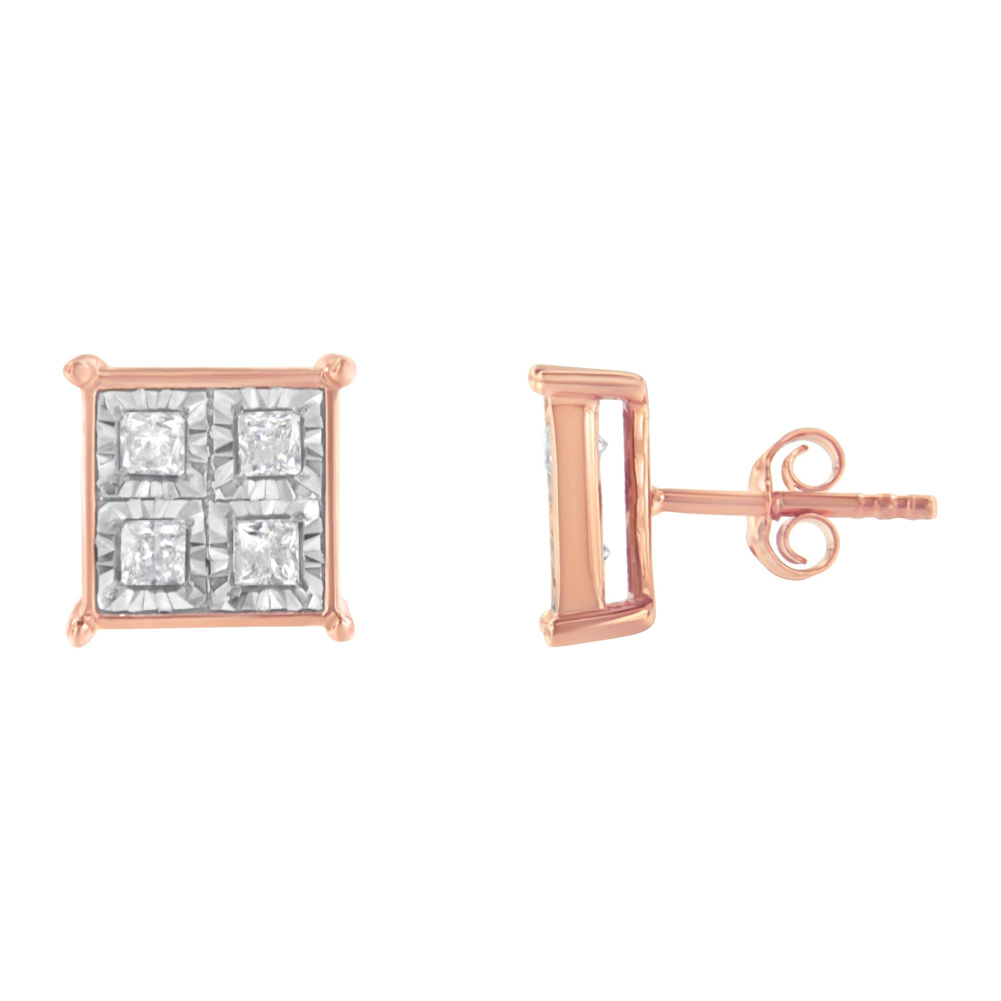Fashioned in rose plated sterling silver these classic 3/4ct diamonds studs are a must have. Each earring showcases four miracle set princess cut diamonds neatly arranged in a square frame. The design is finished of with a secure back mechanism.