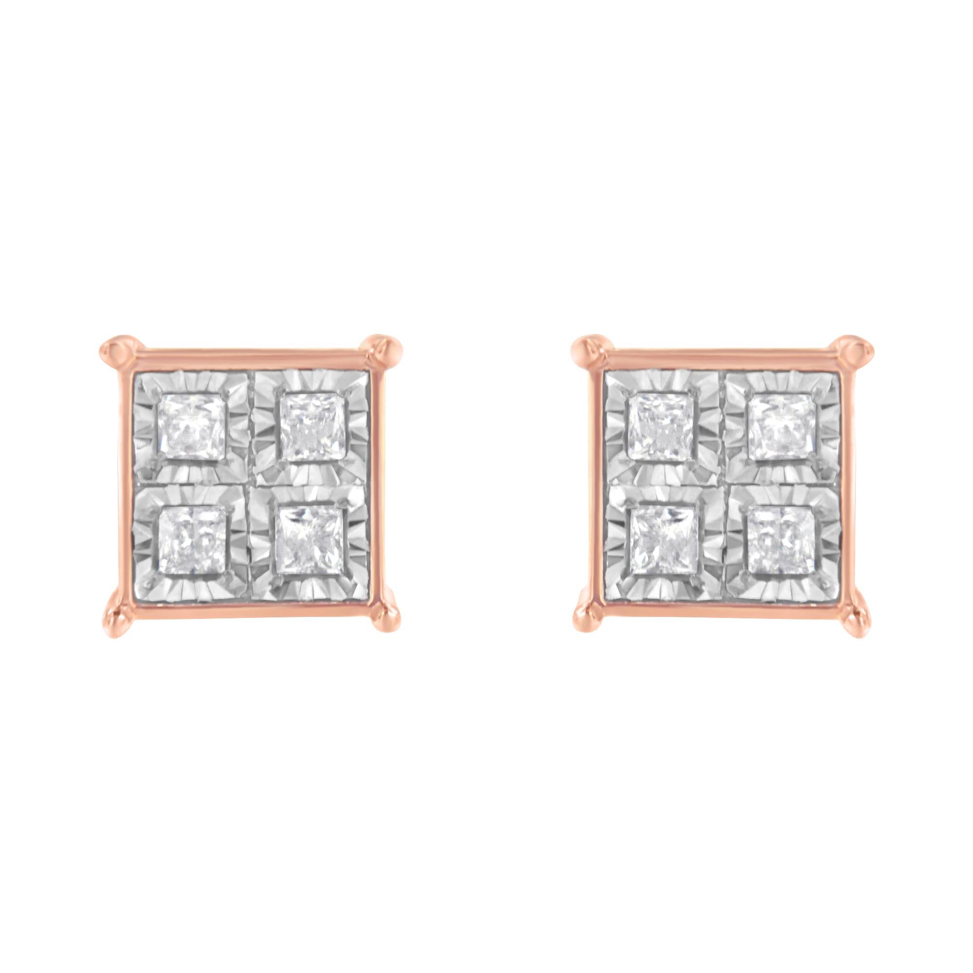Contemporary Rose Gold Plated Sterling Silver 3/4 Carat Diamond Composite Stud Earrings For Sale