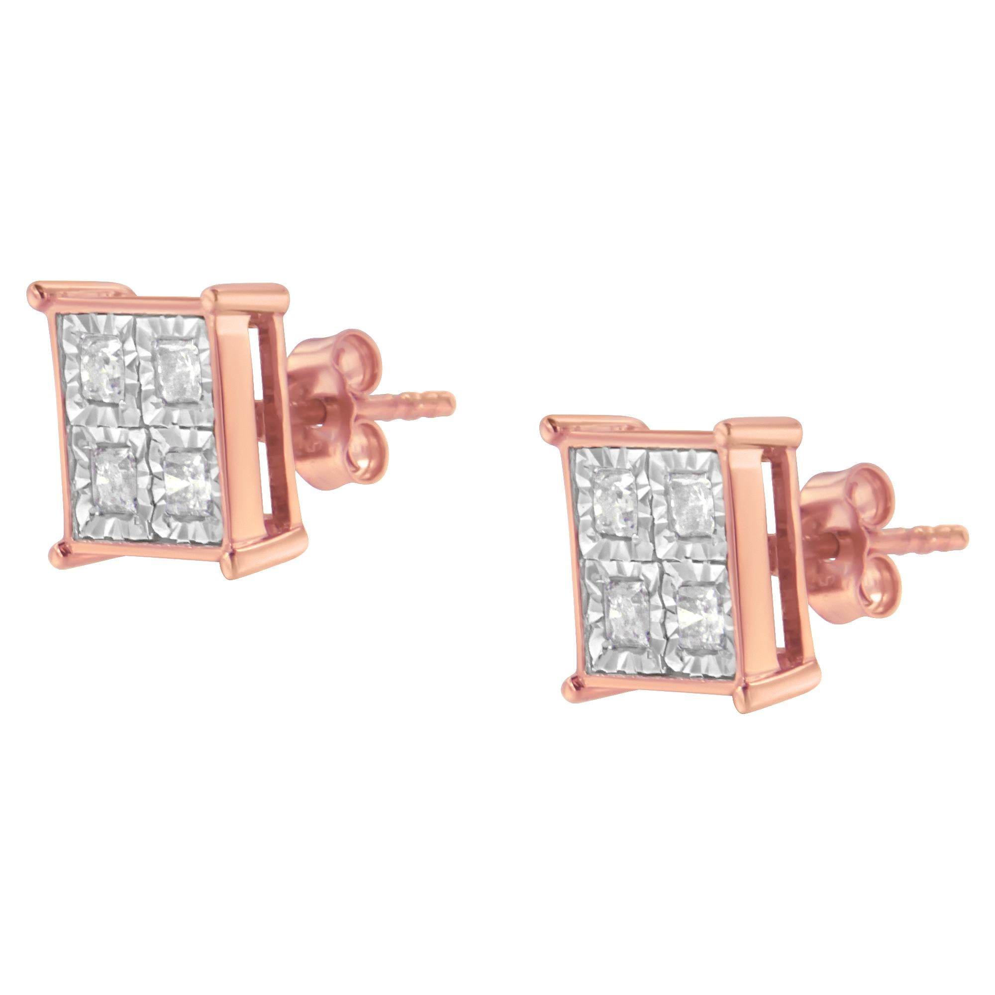 Rose Gold Plated Sterling Silver 3/4 Carat Diamond Composite Stud Earrings In New Condition For Sale In New York, NY