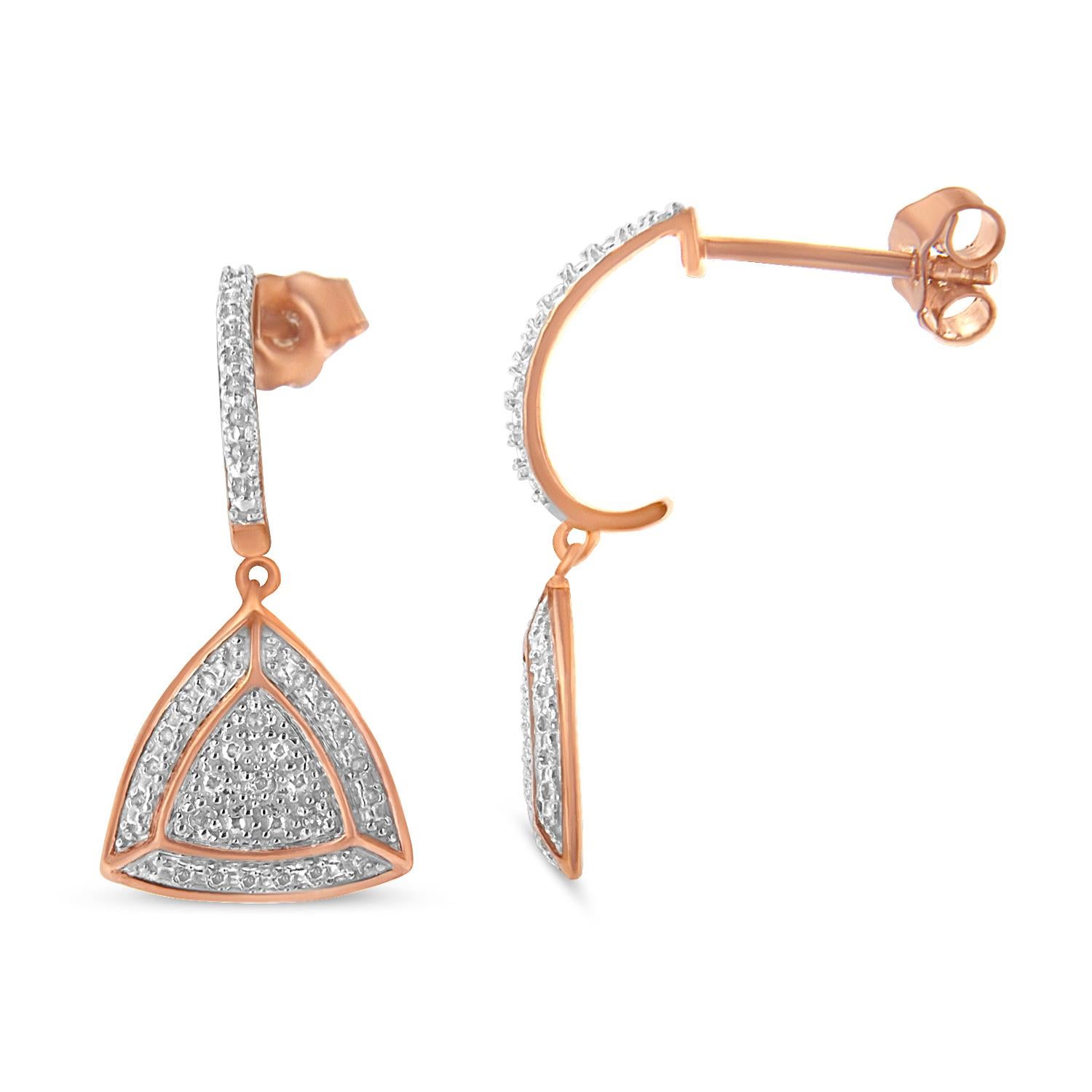 Win her heart by presenting these lovely dangle earrings. Made of genuine .925 sterling silver, the earrings are plated with 14k rose gold for extra appeal. The triangular motifs are embellished round-cut diamonds in a unique pave setting. All the