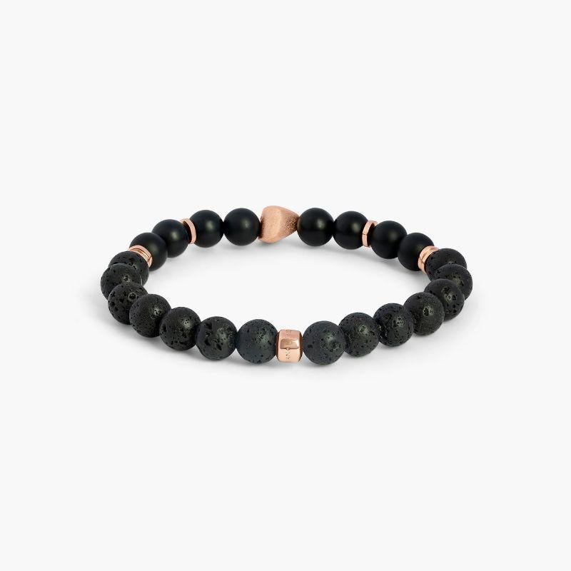 Rose Gold Plated Sterling Silver Nugget Bracelet with Onyx, Size L

Frosted onyx and raw volcanic lava beads create a unique blend of semi-precious stones. Finished with a series of rose gold-coloured sterling silver detailing, crafted and carved