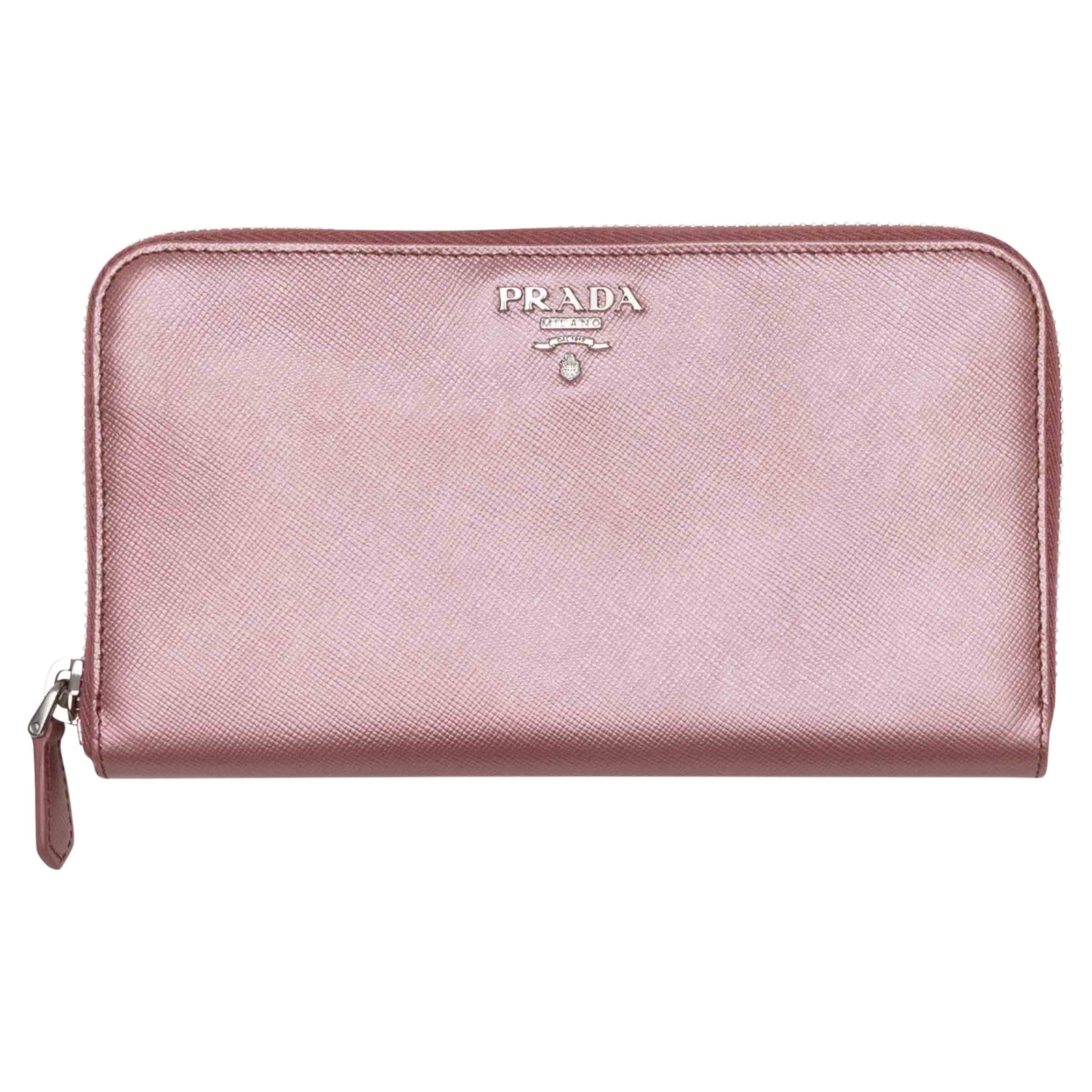 Rose Gold Prada Saffiano Leather Continental Zip Wallet in vendita