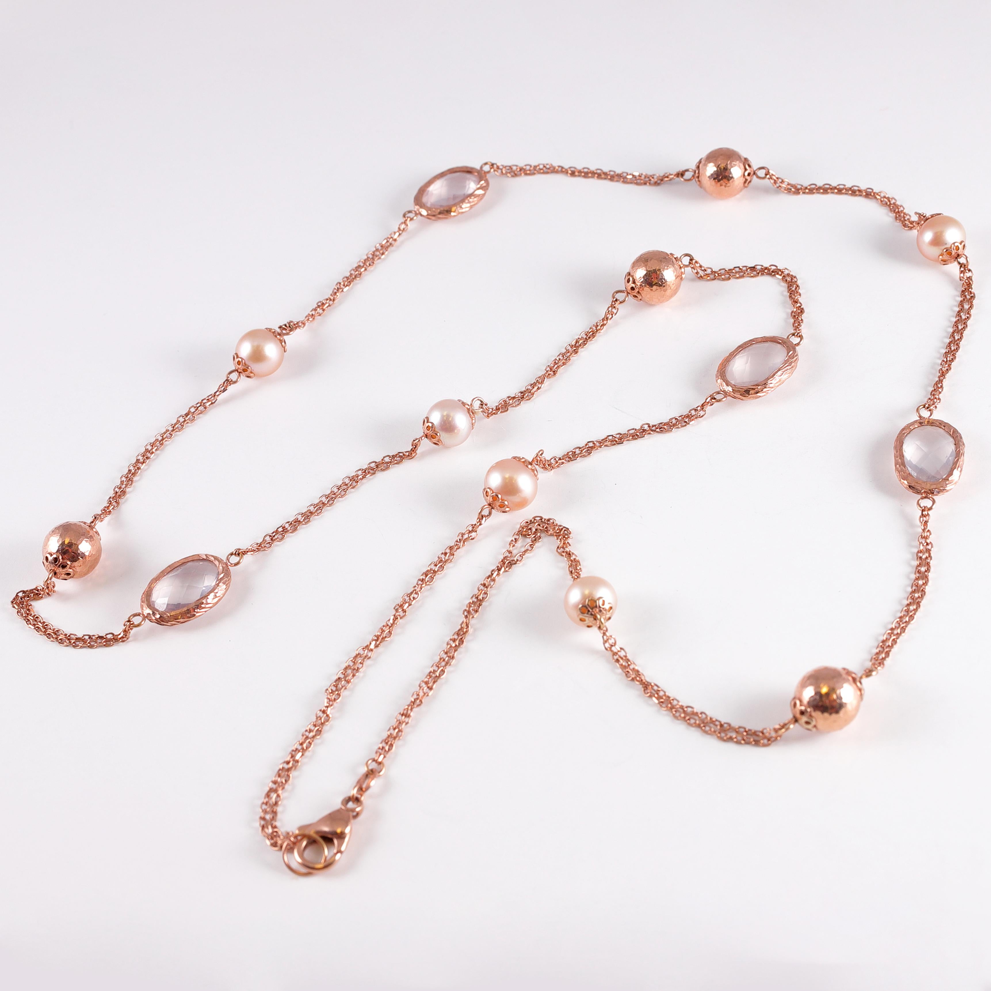 Rose Gold Quartz Pearl Necklace In Good Condition For Sale In Dallas, TX