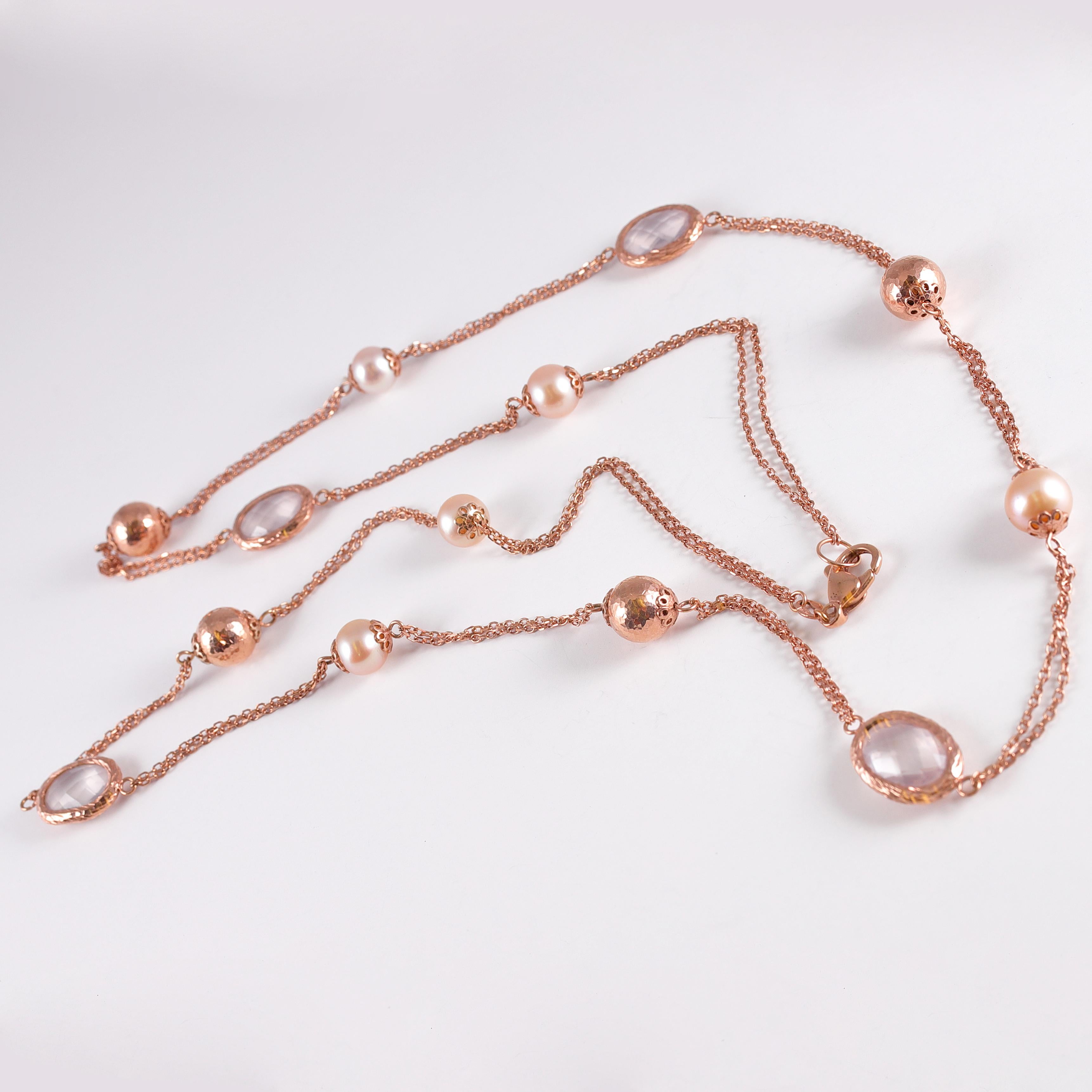 Women's or Men's Rose Gold Quartz Pearl Necklace For Sale